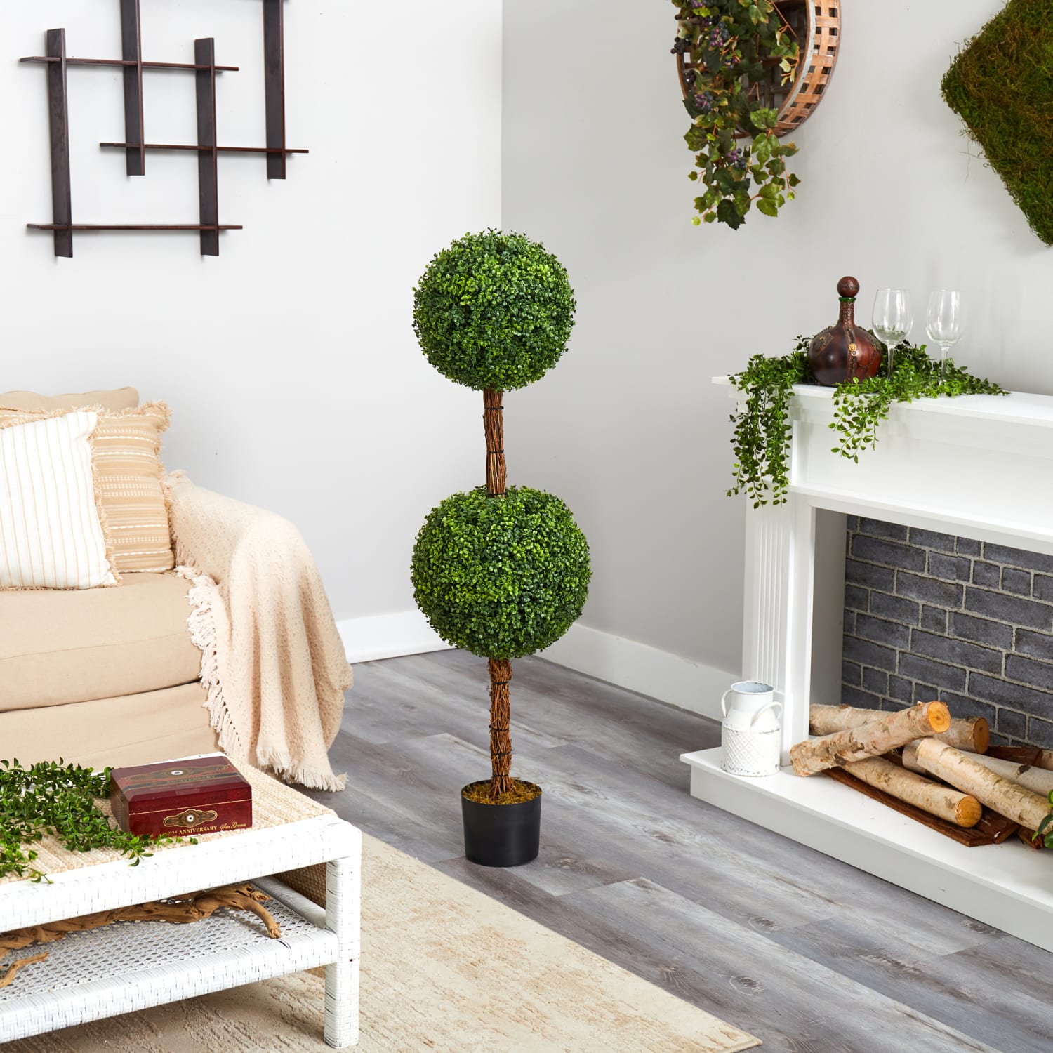 Nearly Natural Boxwood Double Ball Topiary 4.5'H Artificial Tree With Planter, 54inH x 14inW x 14inD, Green/Black - Image 5