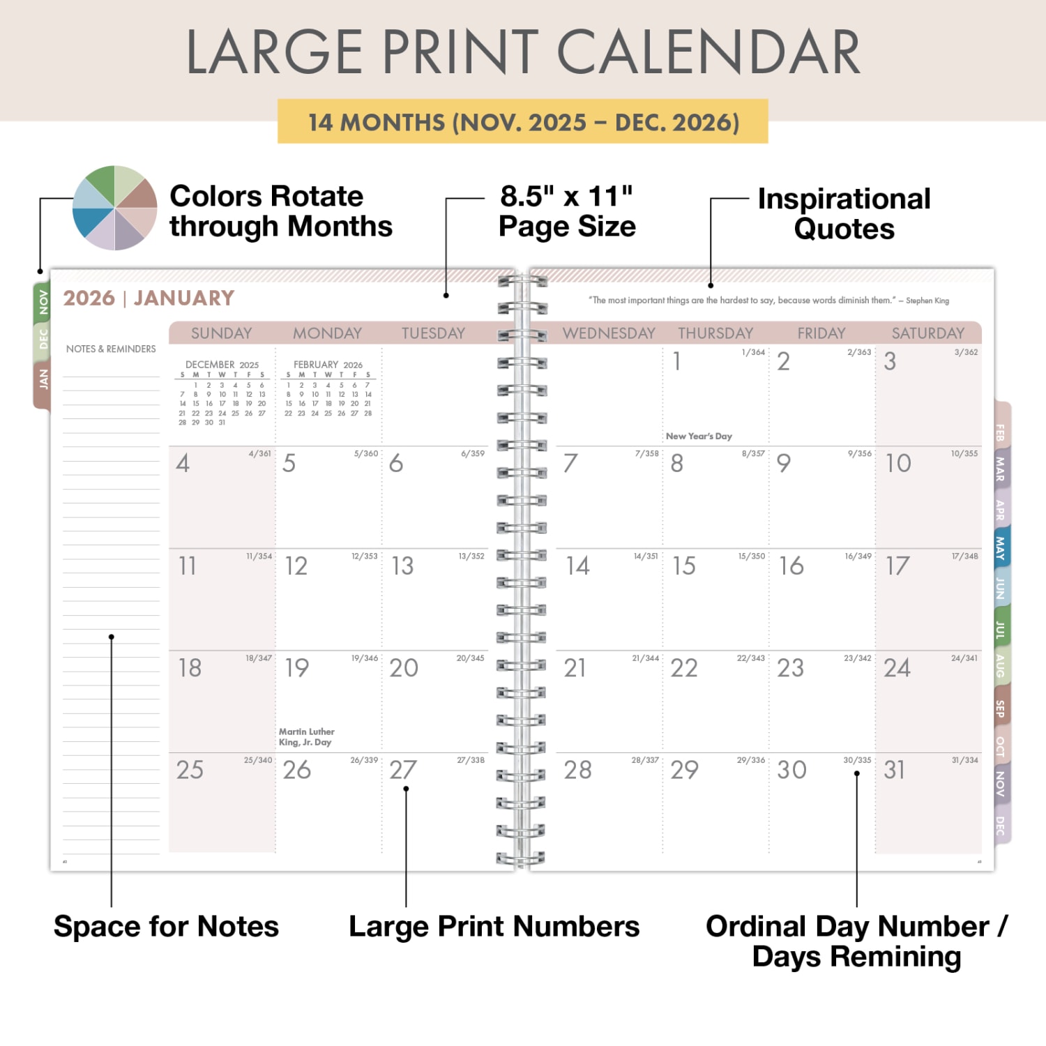2026 Excello Brands Essential PRO Daily/Weekly/Monthly Planner,8.5in x 11in, Rainbow Petals November 2025 - December 2026, (ESPRO-CY26-8511-41) - Image 3
