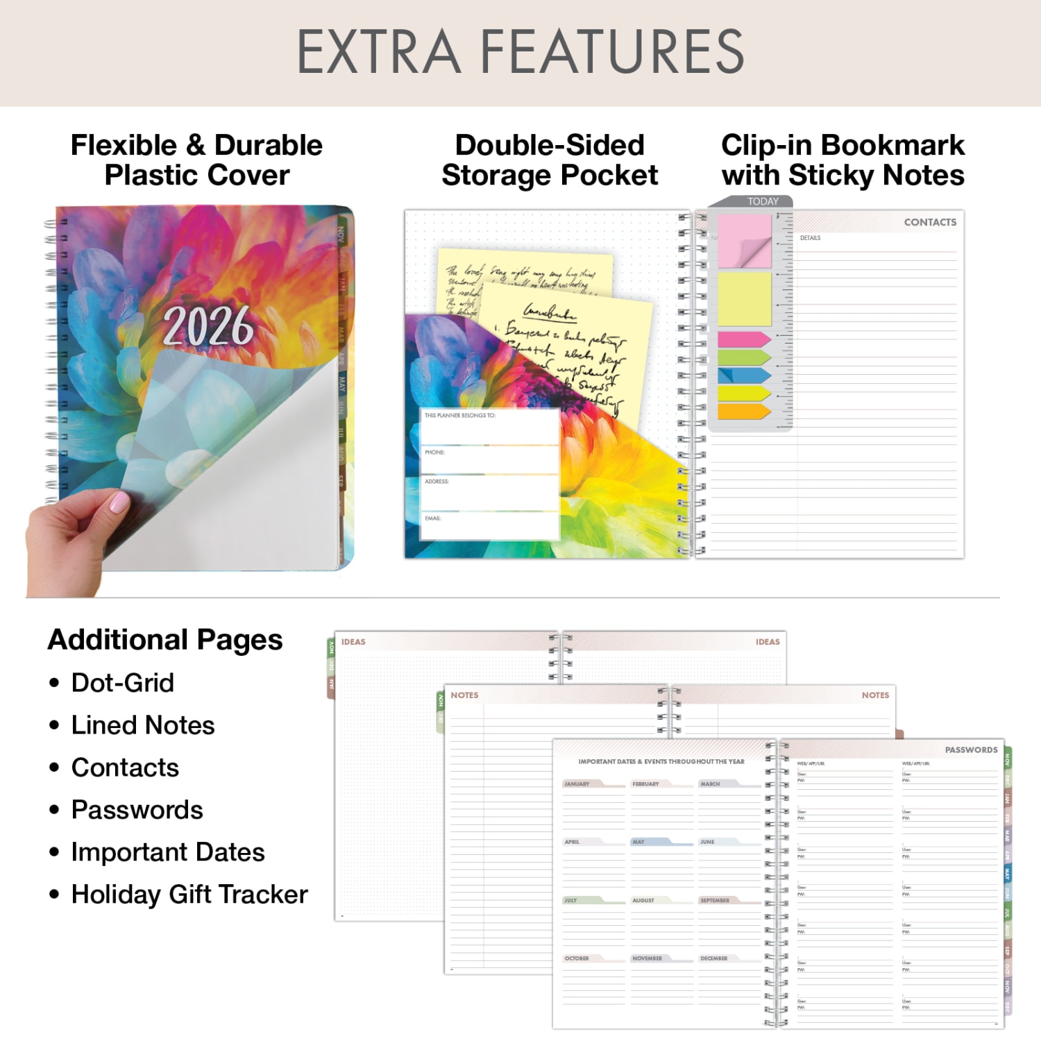 2026 Excello Brands Essential PRO Daily/Weekly/Monthly Planner,8.5in x 11in, Rainbow Petals November 2025 - December 2026, (ESPRO-CY26-8511-41) - Image 6