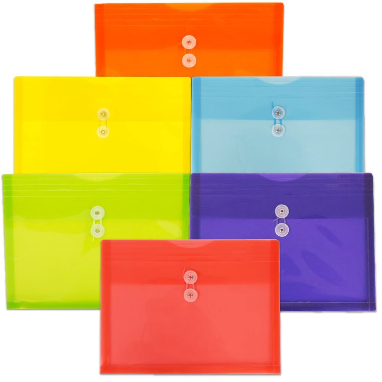 JAM Paper Plastic Letter Booklet Envelopes, 9-3/4in x 13in, Button & String Closure, Assorted Colors, Pack Of 6 Envelopes
