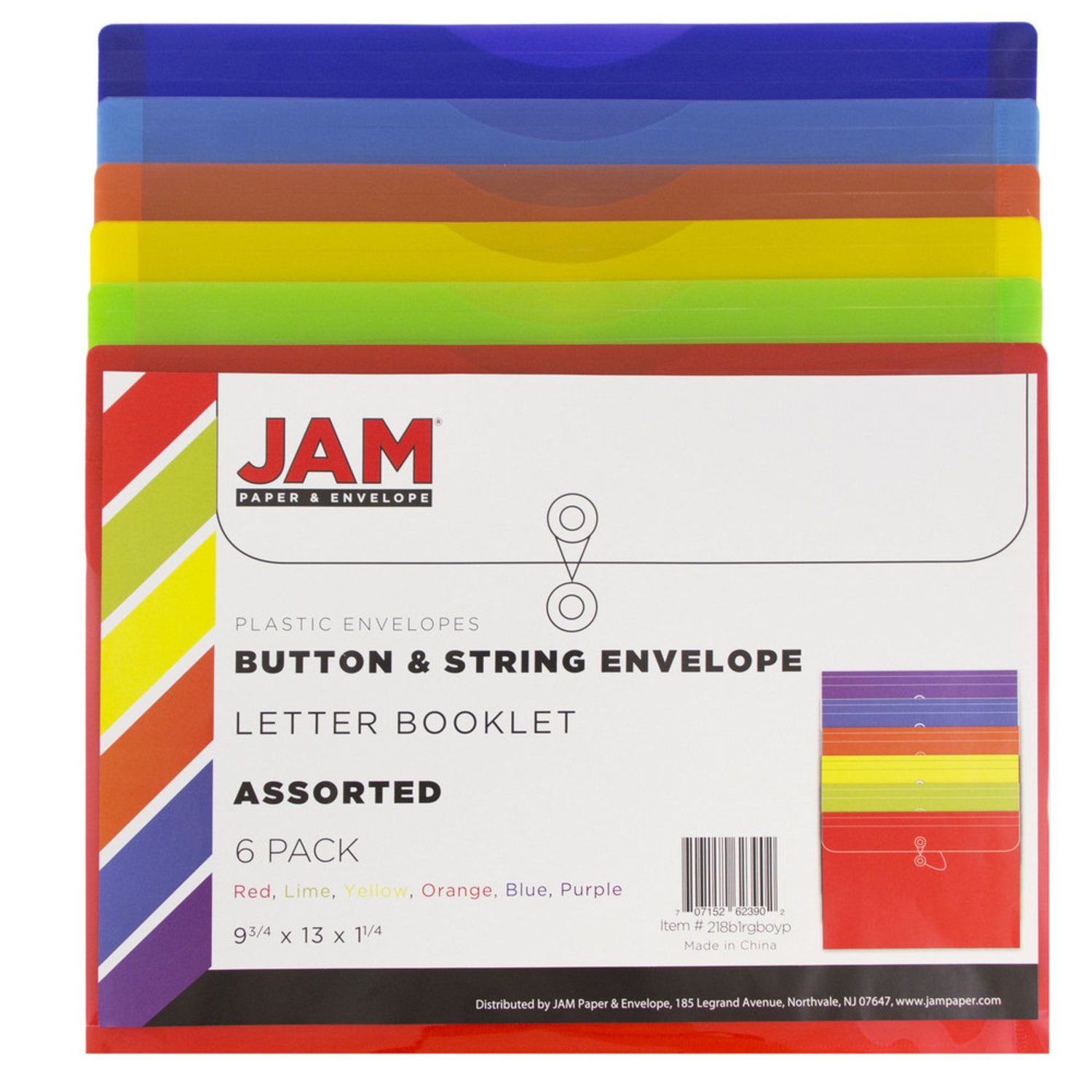 JAM Paper Plastic Letter Booklet Envelopes, 9-3/4in x 13in, Button & String Closure, Assorted Colors, Pack Of 6 Envelopes - Image 3