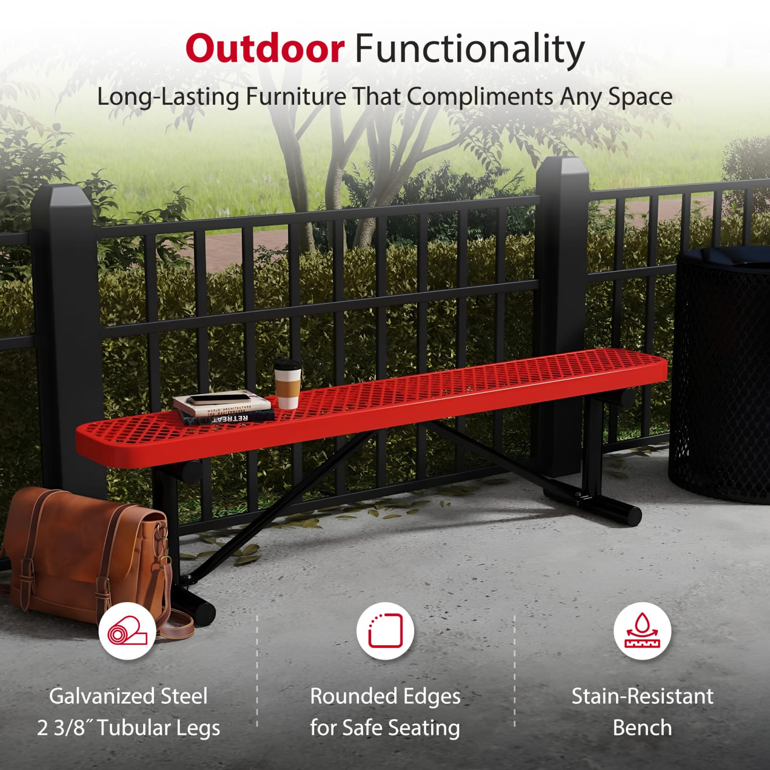 Leisure Craft Outdoor Bench, 18-3/8inH x 72inW x 15inD, Black/Red - Image 4