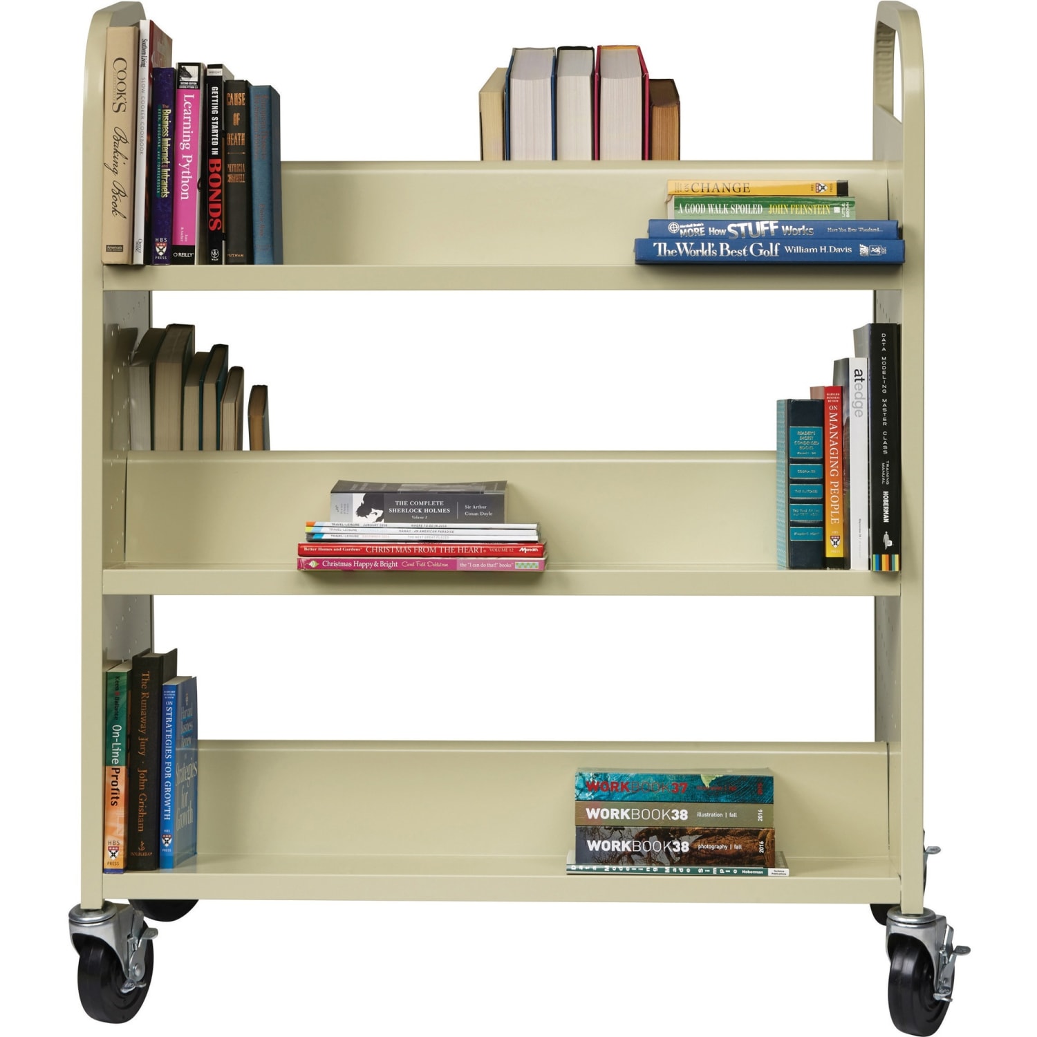 Lorell Double-Sided Mobile Steel Book Cart, 6-Shelf, Putty - Image 3