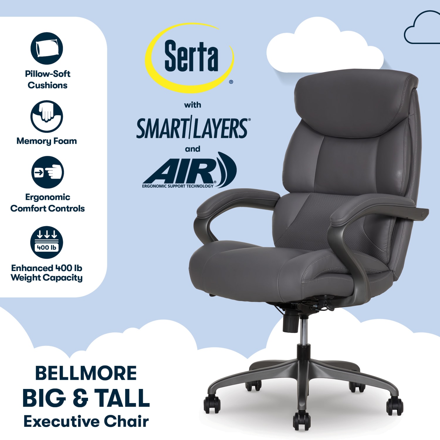 Serta SmartLayers Bellmore Big & Tall Ergonomic Executive Office Chair with Pebbled-Texture Vegan Leather, Dark Gray/Dark Gray, BIFMA Compliant - Image 3