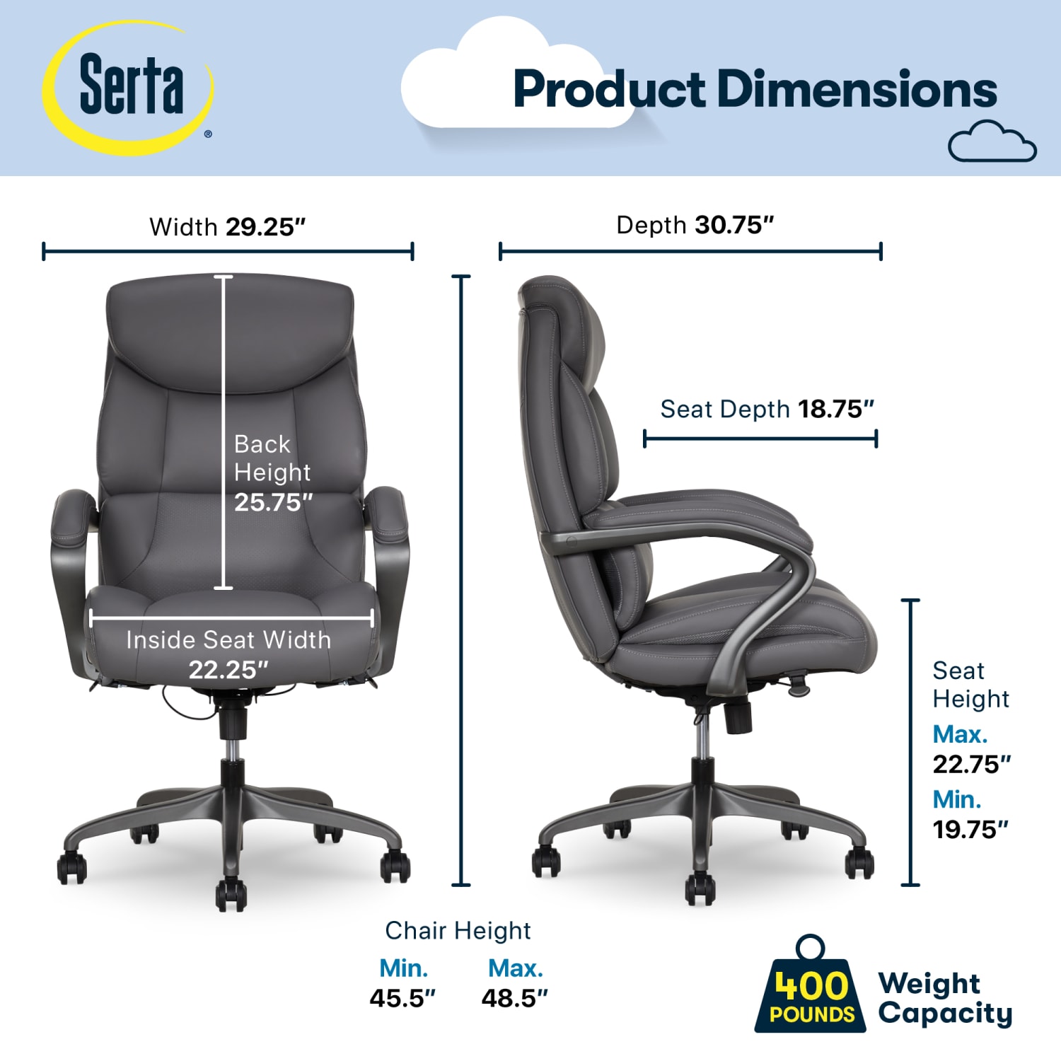 Serta SmartLayers Bellmore Big & Tall Ergonomic Executive Office Chair with Pebbled-Texture Vegan Leather, Dark Gray/Dark Gray, BIFMA Compliant - Image 4