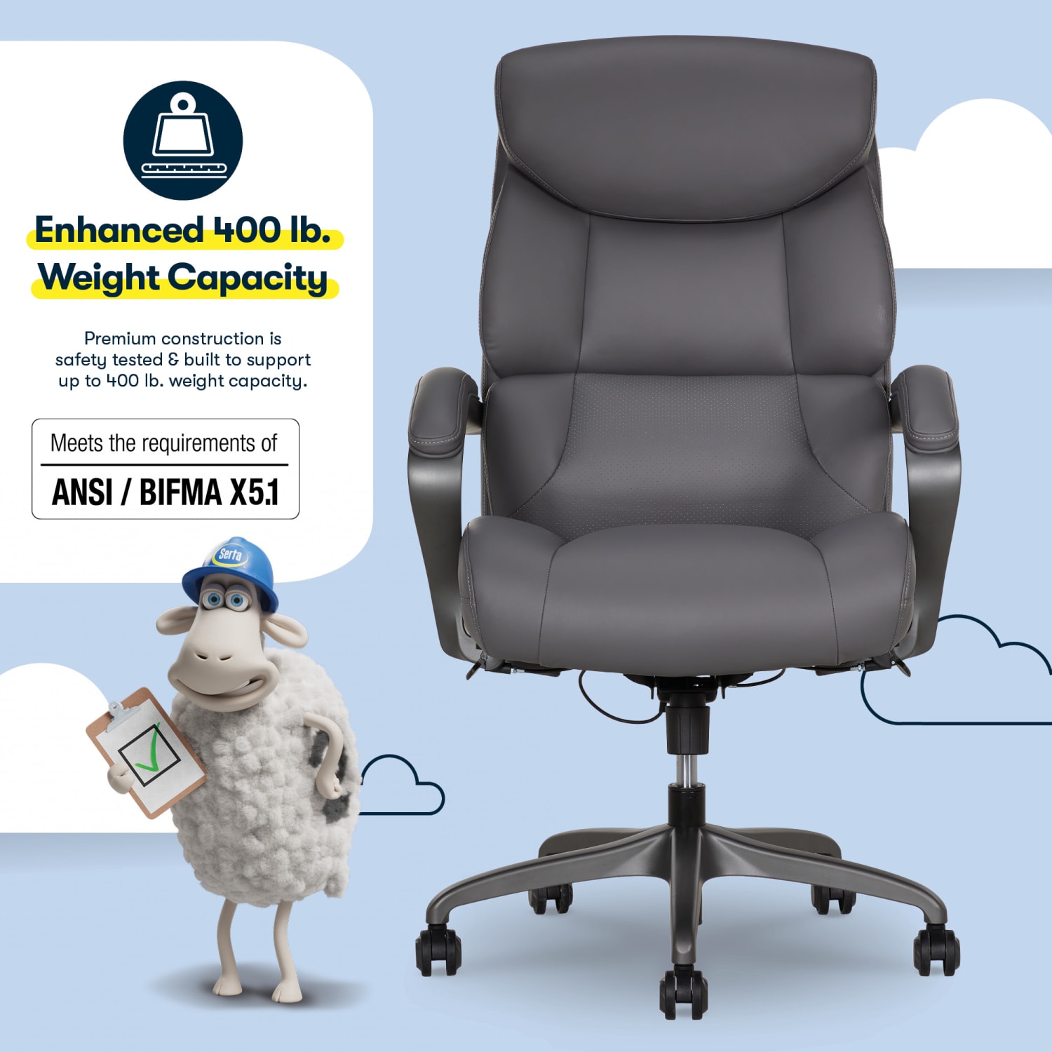 Serta® SmartLayers™ Bellmore Big & Tall Ergonomic Executive Office Chair with Pebbled-Texture Vegan Leather, Dark Gray/Dark Gray, BIFMA Compliant - Image 9