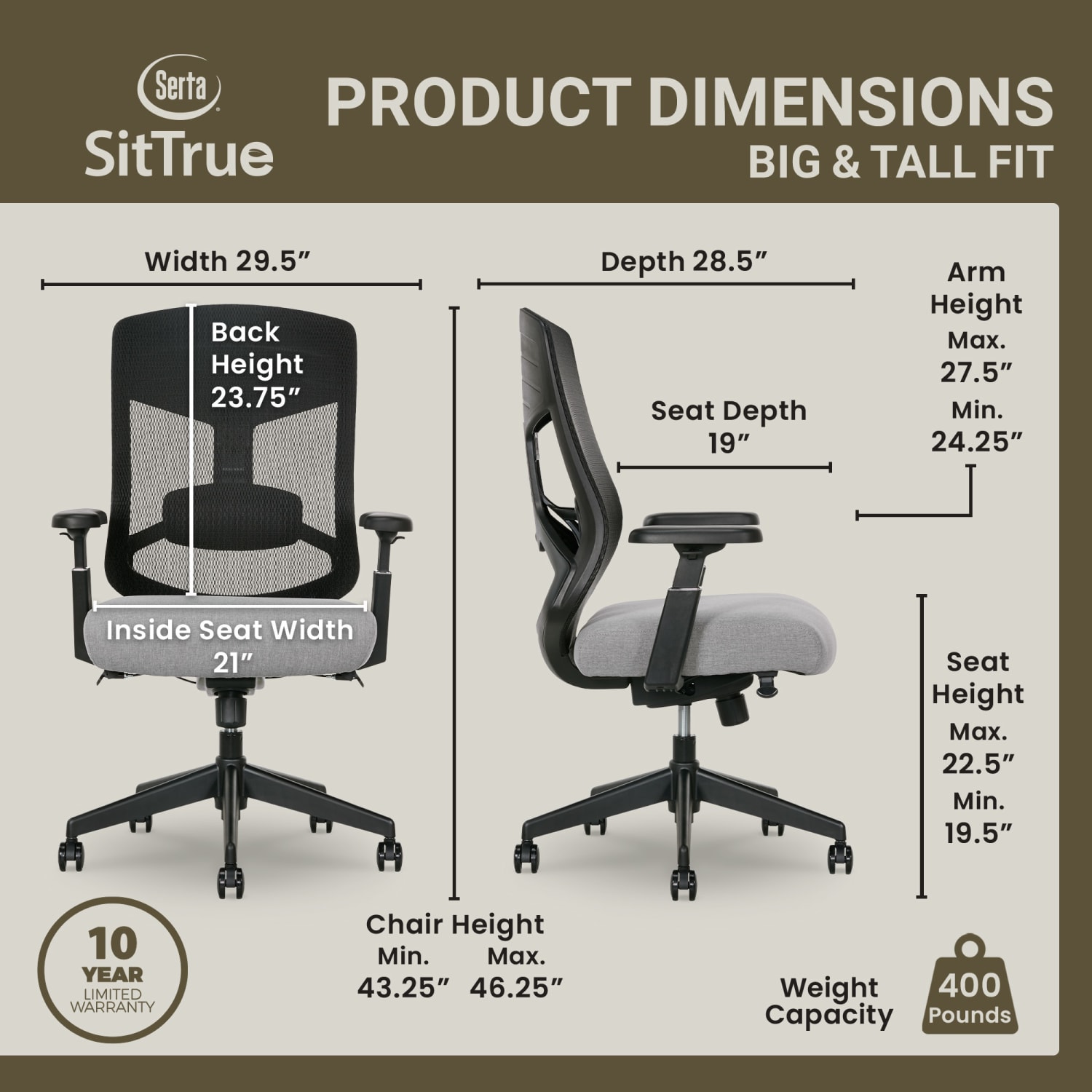 Serta Commercial Eco-2000 Big & Tall Ergonomic Mesh High-Back Executive Office Chair, Gray - Image 5
