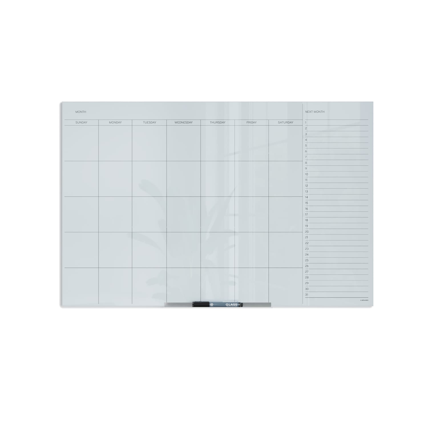U Brands Floating Non-Magnetic Glass Dry-Erase Monthly Calendar Board, 36inx24in, White Frosted Surface, Frameless, Actual Size 35inx23in (2775U00-01)
