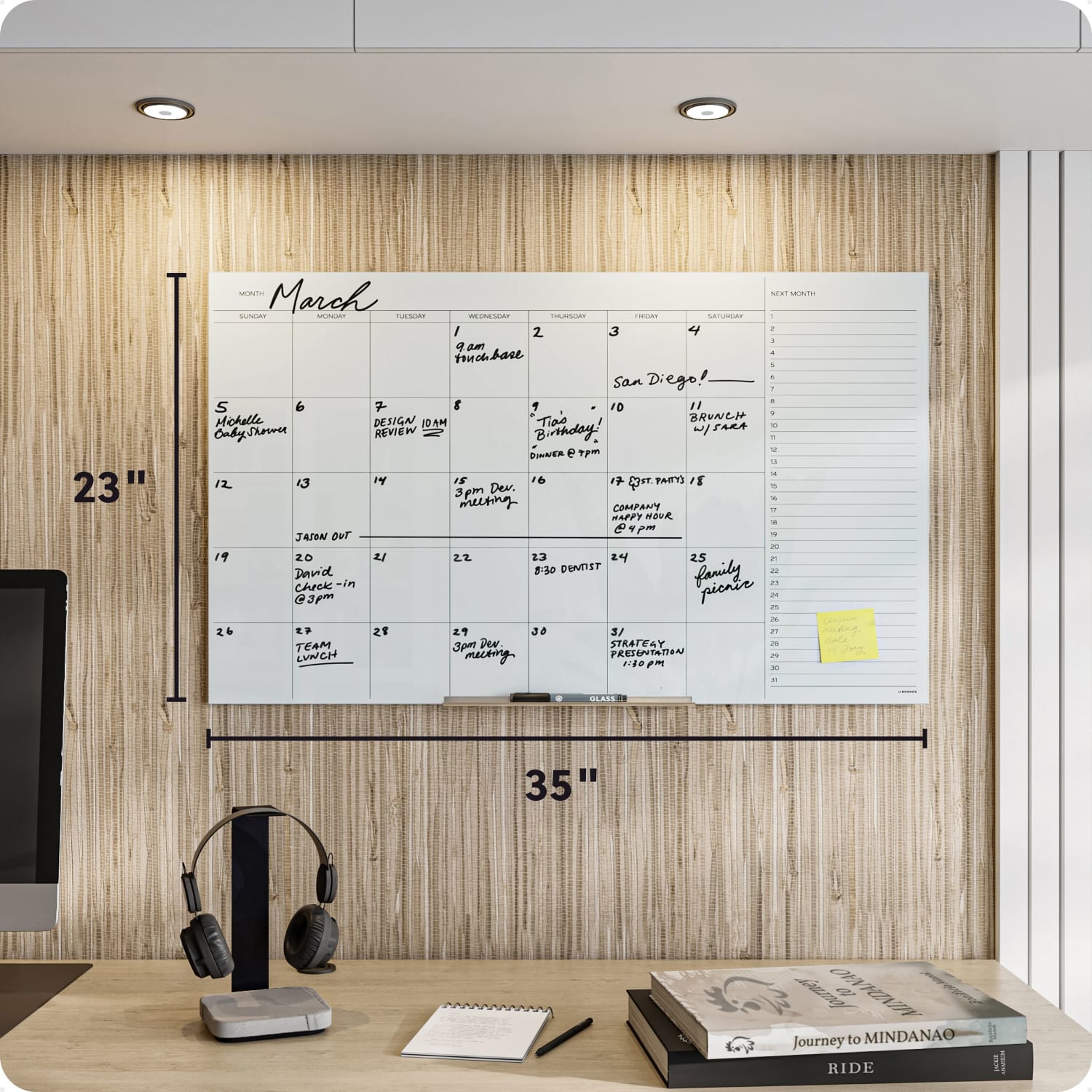 U Brands Floating Non-Magnetic Glass Dry-Erase Monthly Calendar Board, 36in X 24in, White Frosted Surface, Frameless, Actual Size 35in X 23in (2775U00-01) - Image 4