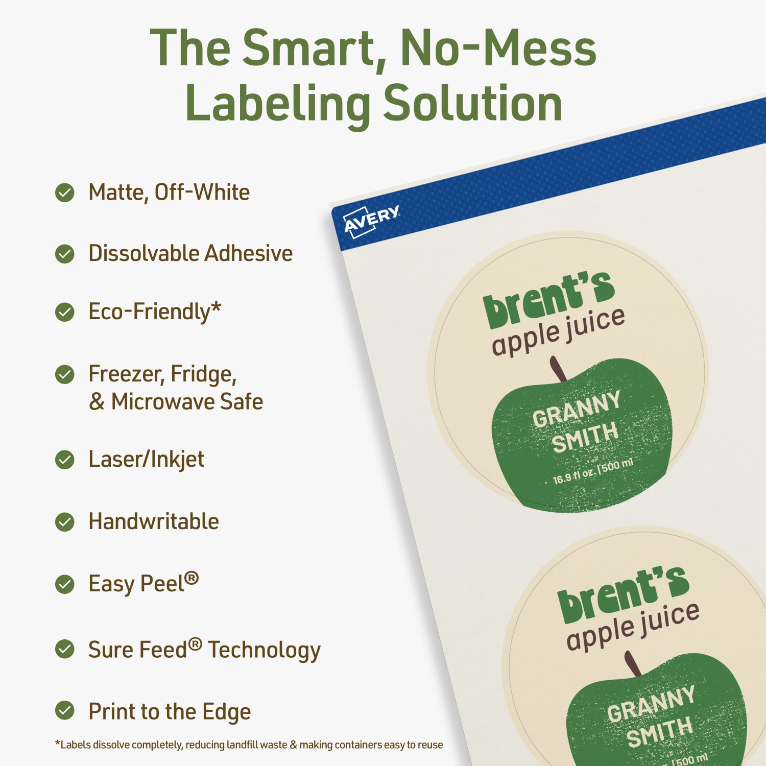 Avery Print-to-the-Edge Dissolvable Labels With Sure Feed Technology, 94513-DWMP25, Round, 3in, Matte Off-White, Pack Of 150 - Image 3