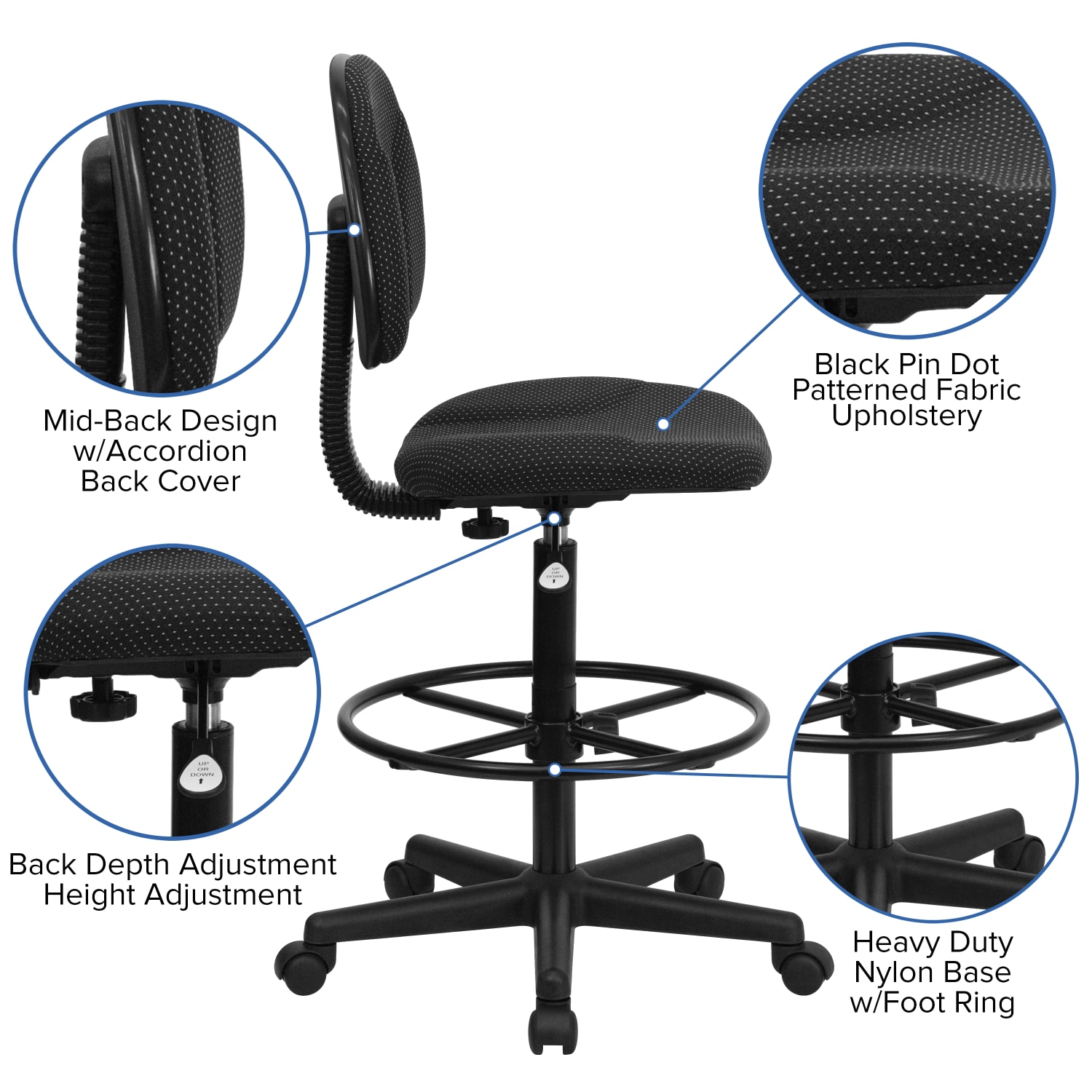 Flash Furniture Fabric Drafting Chair (Cylinders: 22.5ft"-27ft"H or 26ft"-30.5ft"H), Black - Image 4