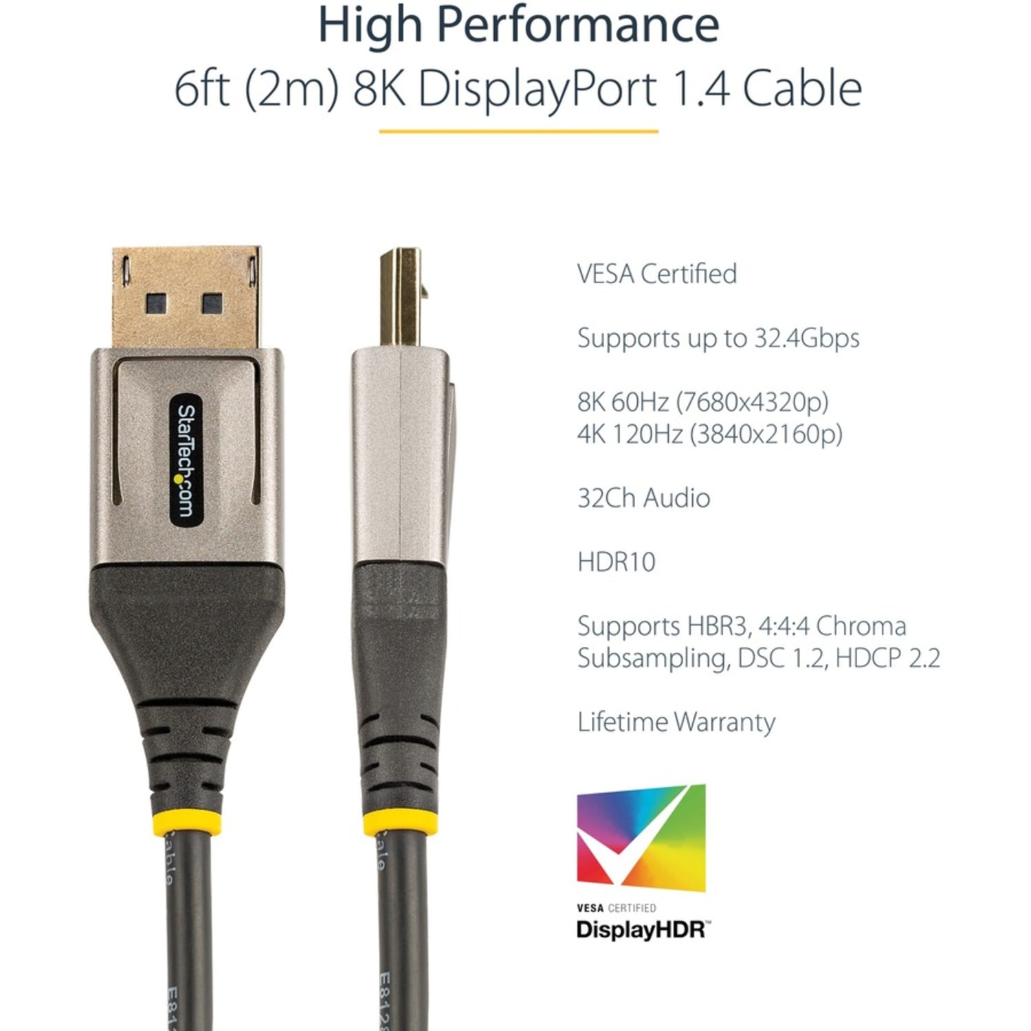 StarTech.com 6ft (2m) VESA Certified DisplayPort 1.4 Cable, 8K 60Hz HDR10, UHD 4K 120Hz Video, DP to DP Monitor Cord, DP 1.4 Cable, M/M - DP14VMM2M - Image 4