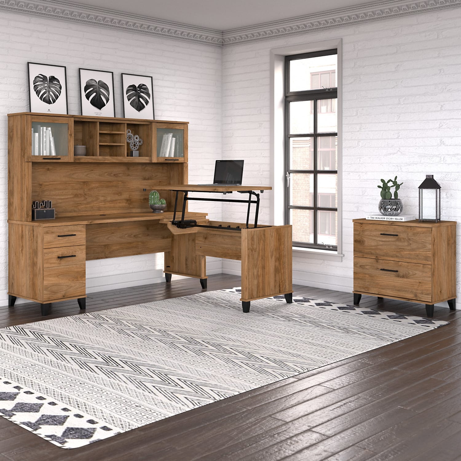Bush Furniture Somerset 72inW 3-Position Sit-to-Stand L-Shaped Desk With Hutch And File Cabinet, Fresh Walnut, Standard Delivery - Image 3