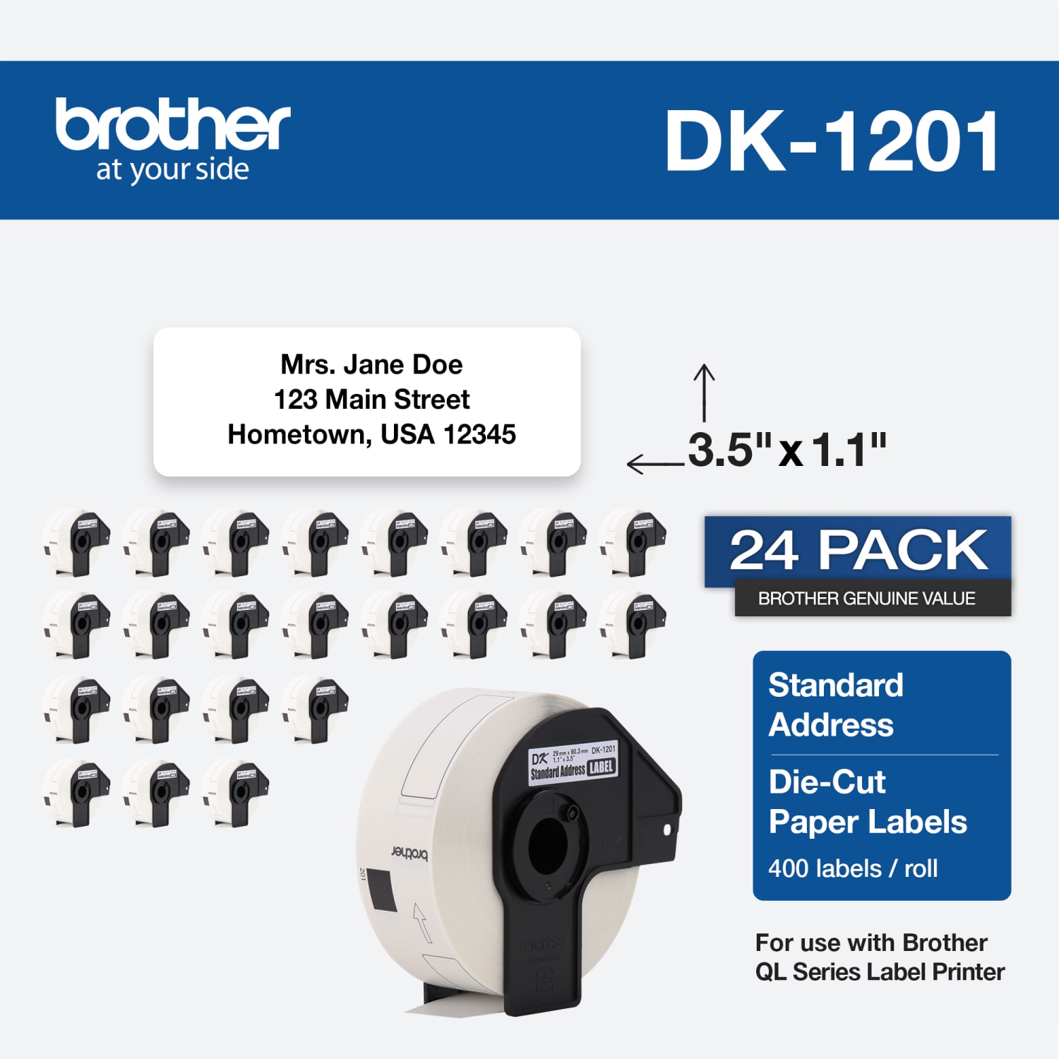 Brother Genuine DK-120124PK Die-Cut Standard Address Labels, 1-3/16in x 3-1/2in, White, 400 Labels Per Roll, Box Of 24 Rolls - Image 3