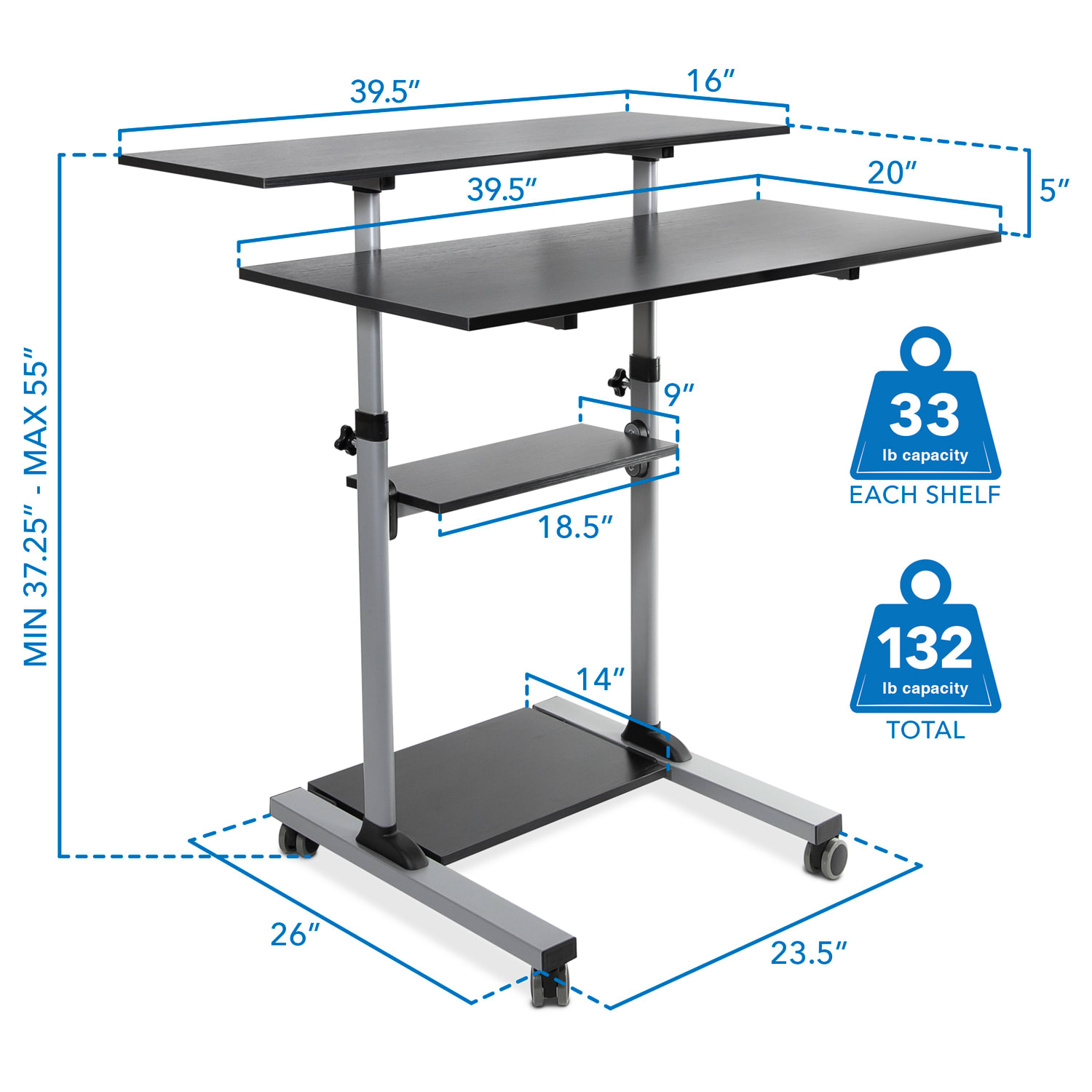Mount-It! MI-7970 Height-Adjustable Mobile Standing Desk Workstation, 55inH x 39-1/2inW x 26inD, Silver - Image 4