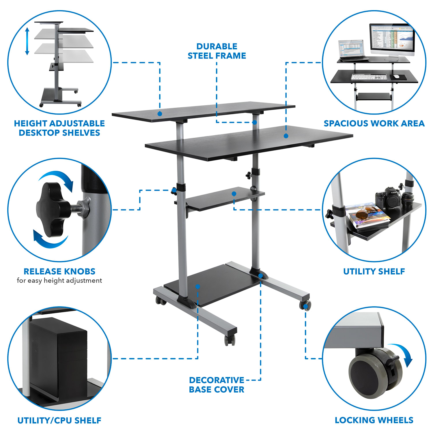 Mount-It! MI-7970 Height-Adjustable Mobile Standing Desk Workstation, 55inH x 39-1/2inW x 26inD, Silver - Image 5