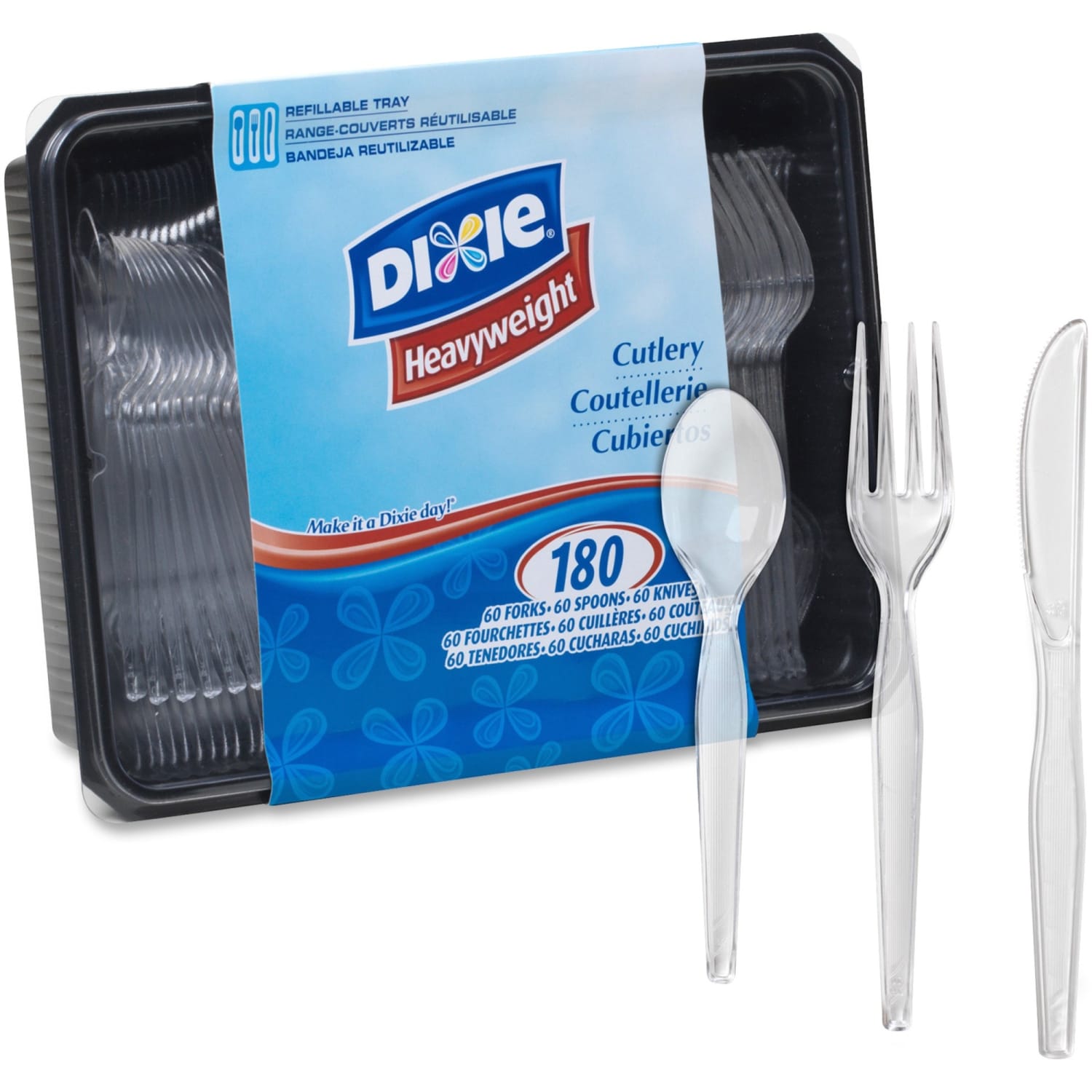 Dixie Plastic Utensils, Heavy-Weight Cutlery Variety Pack, Clear, Box Of 180 Utensils - Image 3