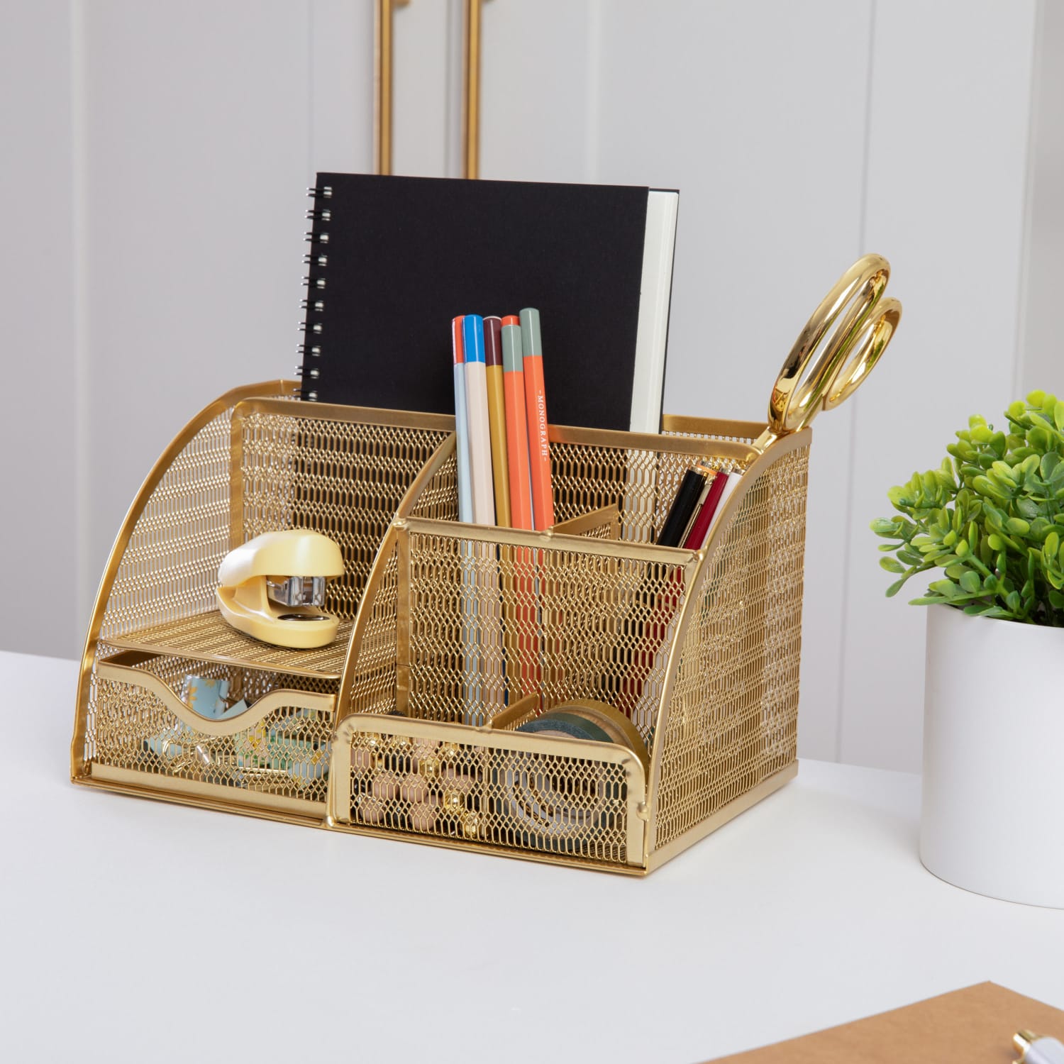 Martha Stewart Ryder Mesh Metal Small Desktop Organizer With Pen Holder And Drawer, 5inH x 8-3/4inW x 5-1/2inD, Gold - Image 3