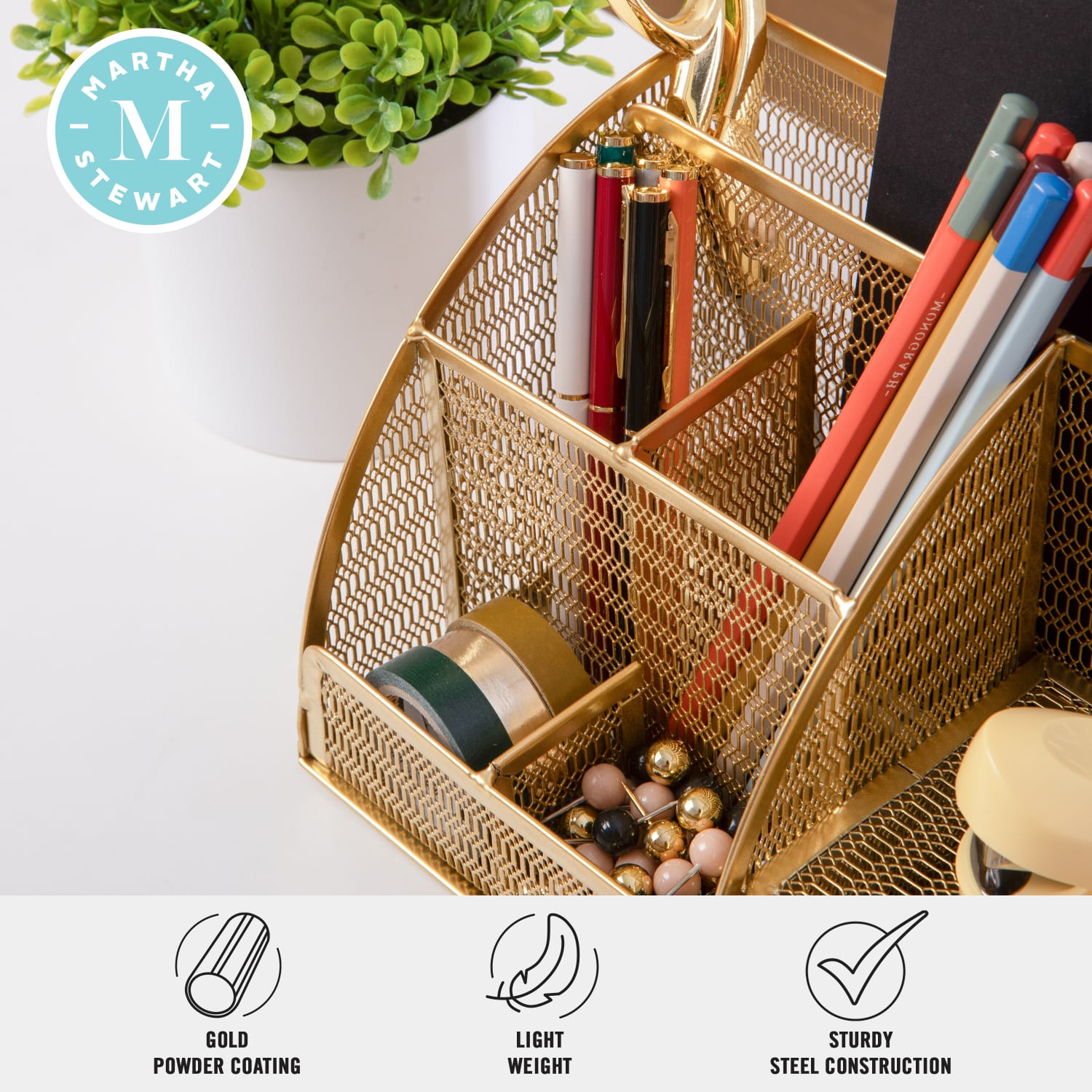 Martha Stewart Ryder Mesh Metal Small Desktop Organizer With Pen Holder And Drawer, 5inH x 8-3/4inW x 5-1/2inD, Gold - Image 4