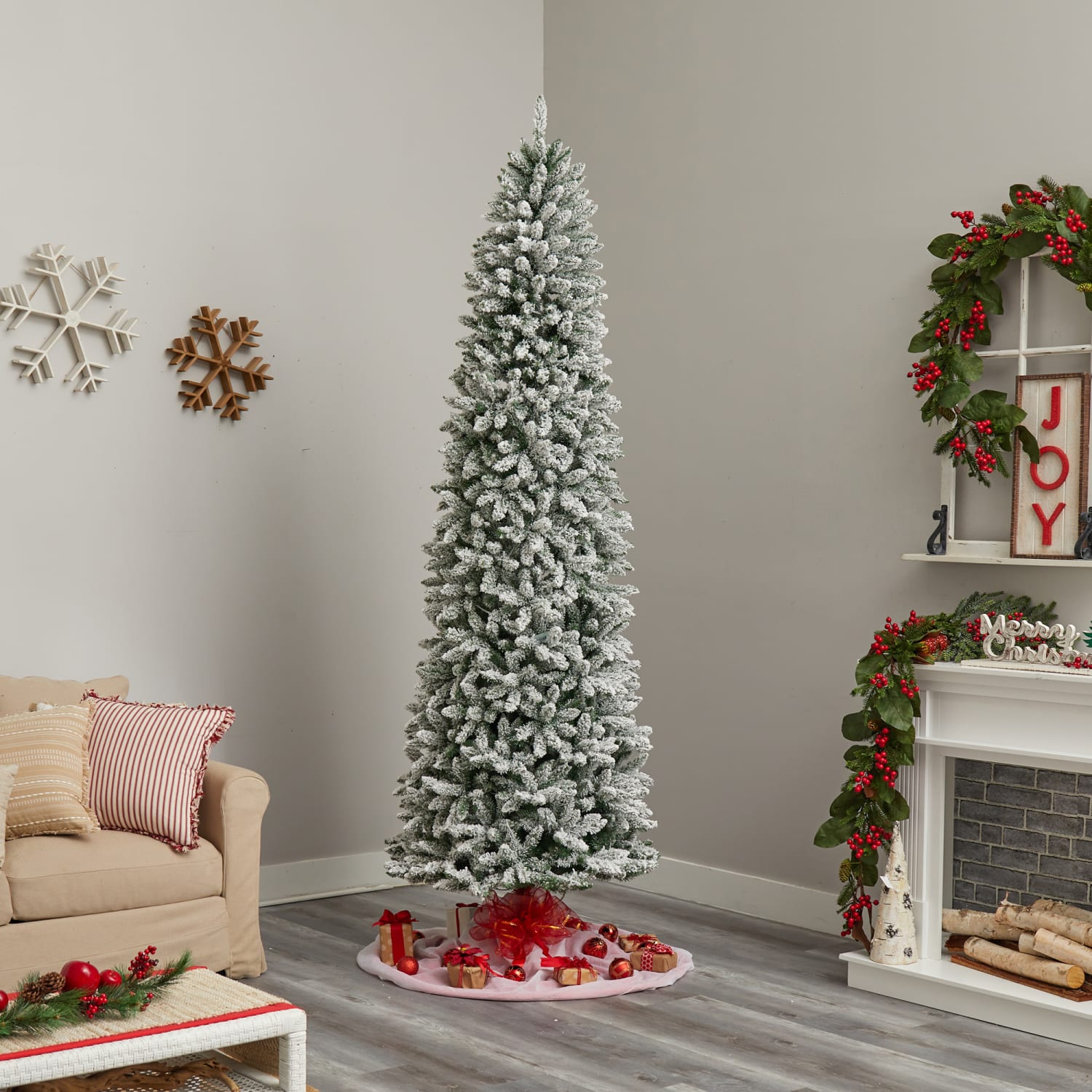 Nearly Natural Flocked Montreal Fir 108inH Slim Artificial Christmas Tree With Bendable Branches, 108inH x 35inW x 35inD, Green - Image 6