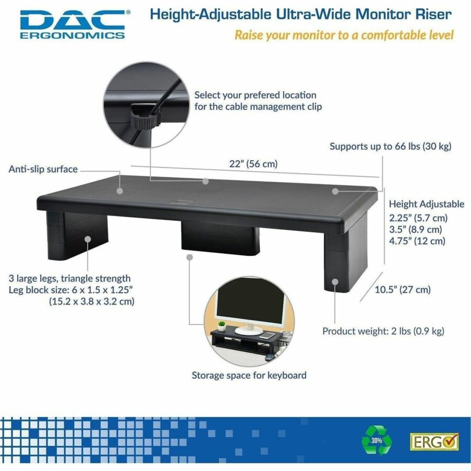 DAC Stax MP-211 Height-Adjustable Ultra-Wide Monitor/Laptop Stand, Black - 66 lb Load Capacity - 4.8in Height x 22in Width x 10.5in Depth - Plastic - Black - For Monitor, Notebook, Printer, Fax Machine - Image 3