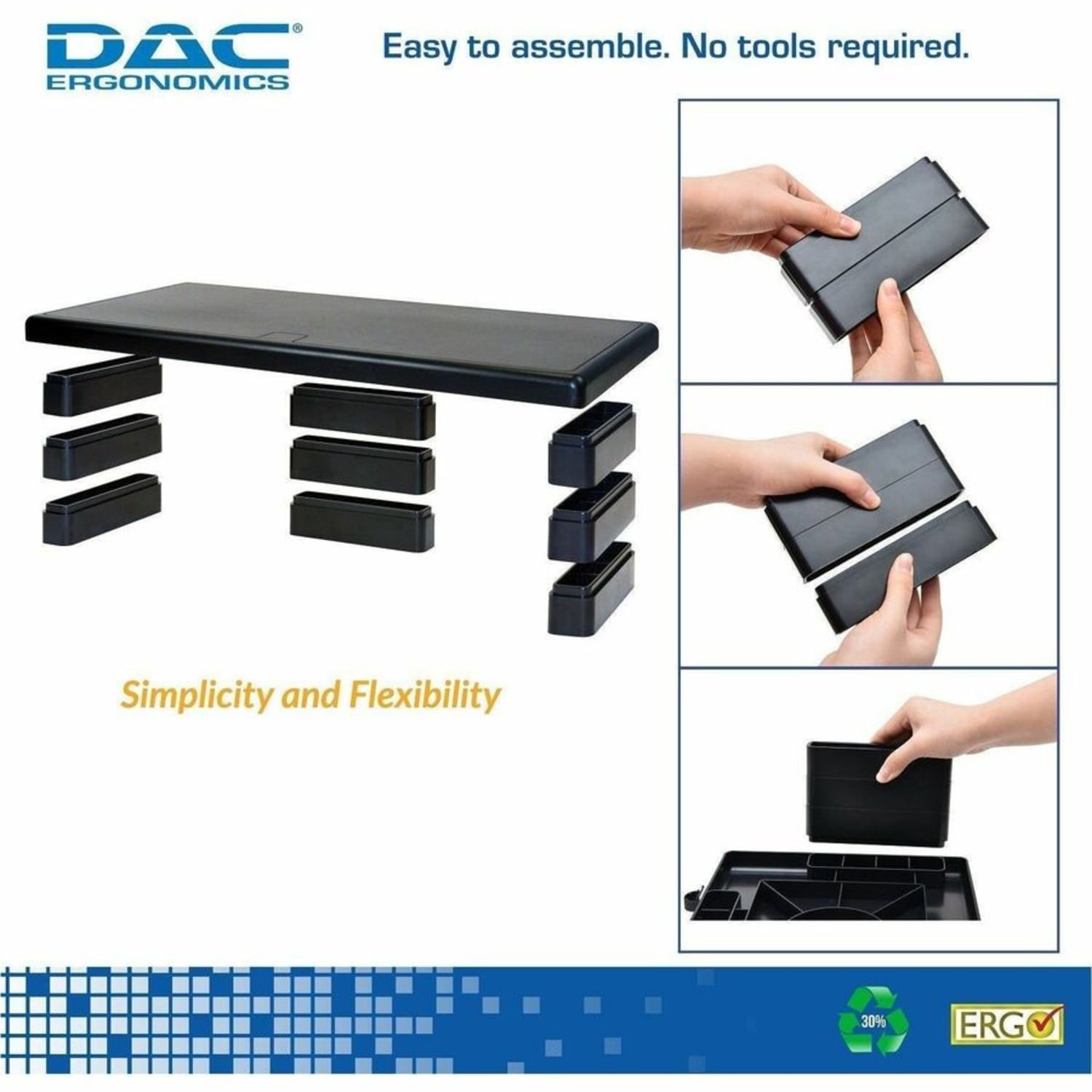 DAC Stax MP-211 Height-Adjustable Ultra-Wide Monitor/Laptop Stand, Black - 66 lb Load Capacity - 4.8in Height x 22in Width x 10.5in Depth - Plastic - Black - For Monitor, Notebook, Printer, Fax Machine - Image 4