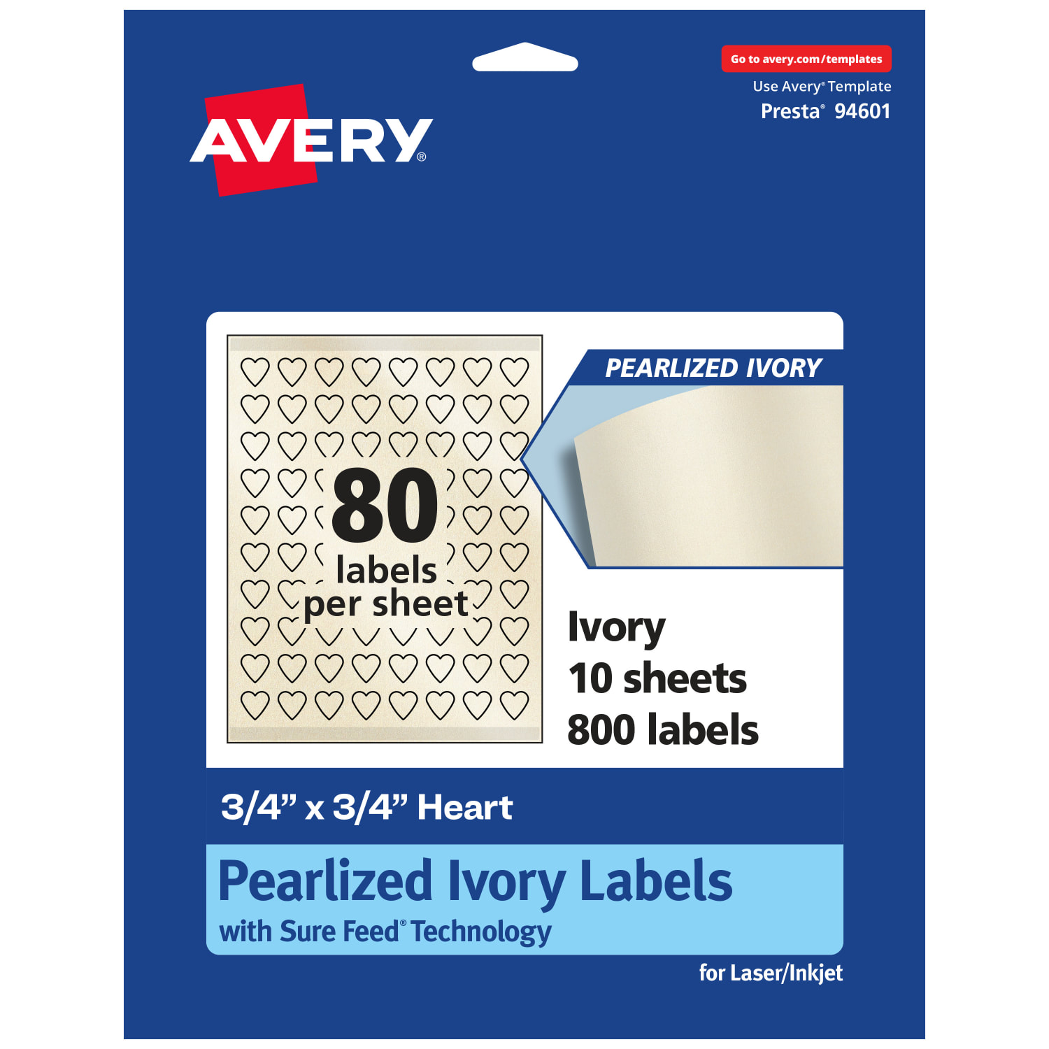 Avery Pearlized Permanent Labels With Sure Feed, 94601-PIP10, Heart, 3/4in x 3/4in, Ivory, Pack Of 800 Labels