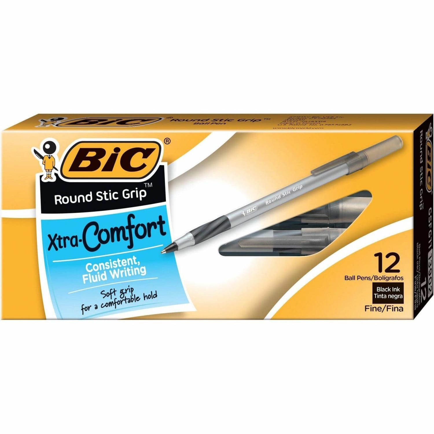 BIC Round Stic Grip Xtra-Comfort Ballpoint Pens, Fine Point, 0.8 mm, Gray Barrel, Black Ink, Pack Of 12 - Image 5