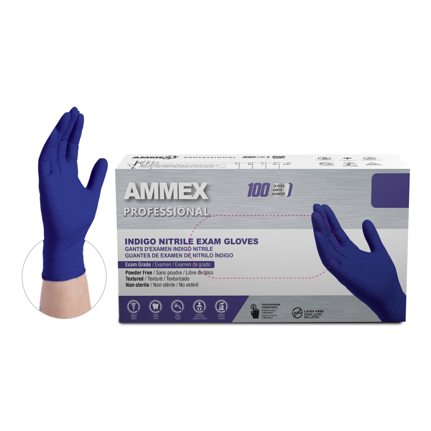 Ammex Professional Indigo Disposable Powder-Free Nitrile Exam Gloves, Medium, Box Of 100 Gloves - Image 3
