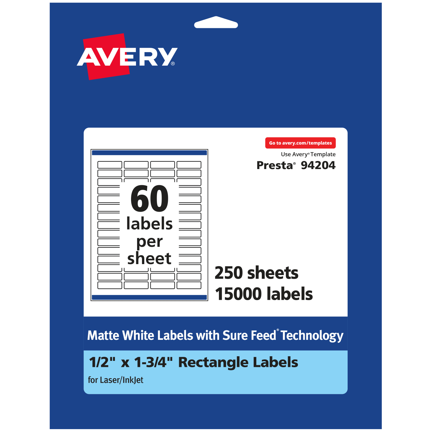 Avery Permanent Labels With Sure Feed, 94204-WMP250, Rectangle, 1/2in x 1-3/4in, White, Pack Of 15,000