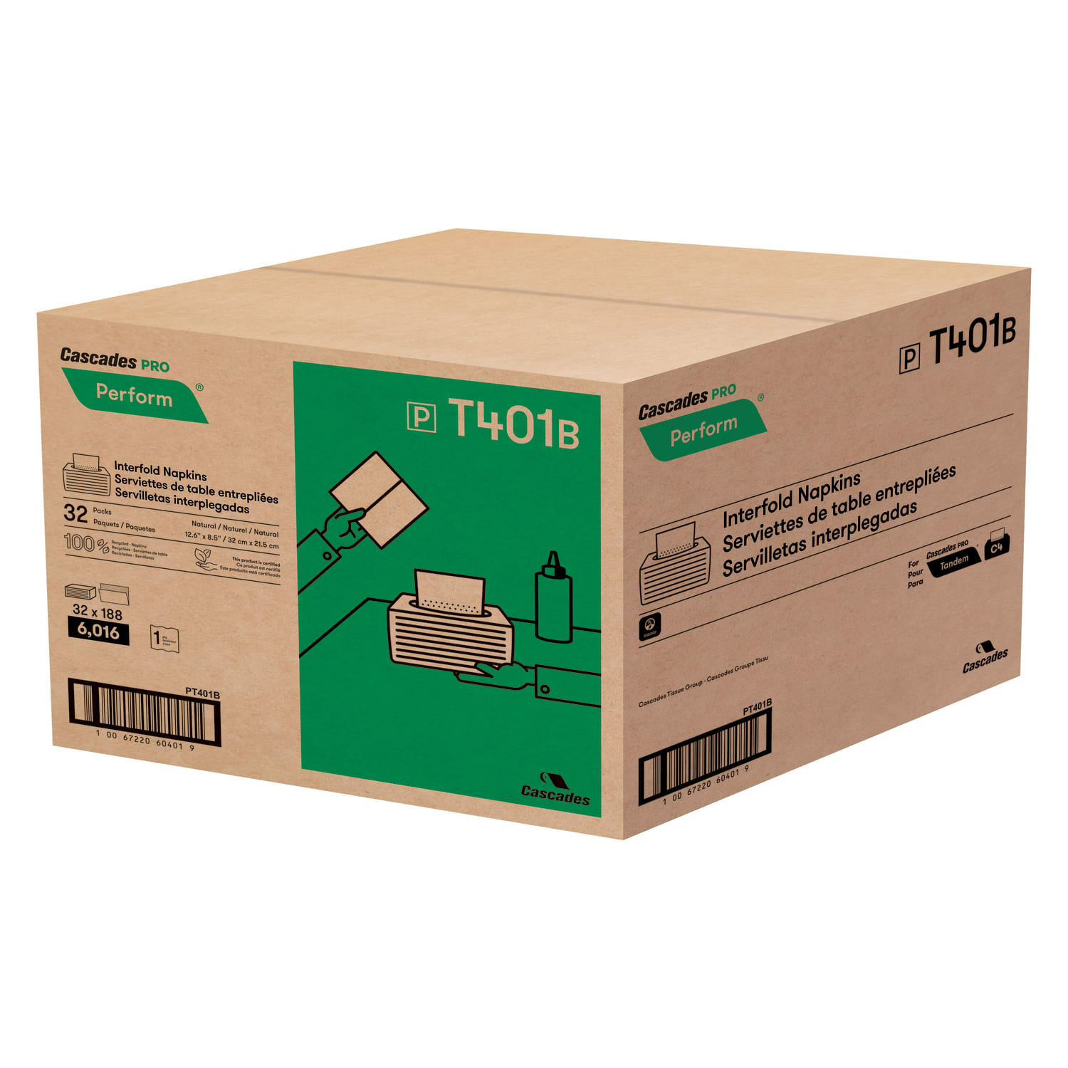 Cascades PRO Perform 1-Ply Interfold Napkins, 6 1/2in x 4 1/4in, Natural, 188 Sheets Per Pack, Case Of 32 Packs - Image 3