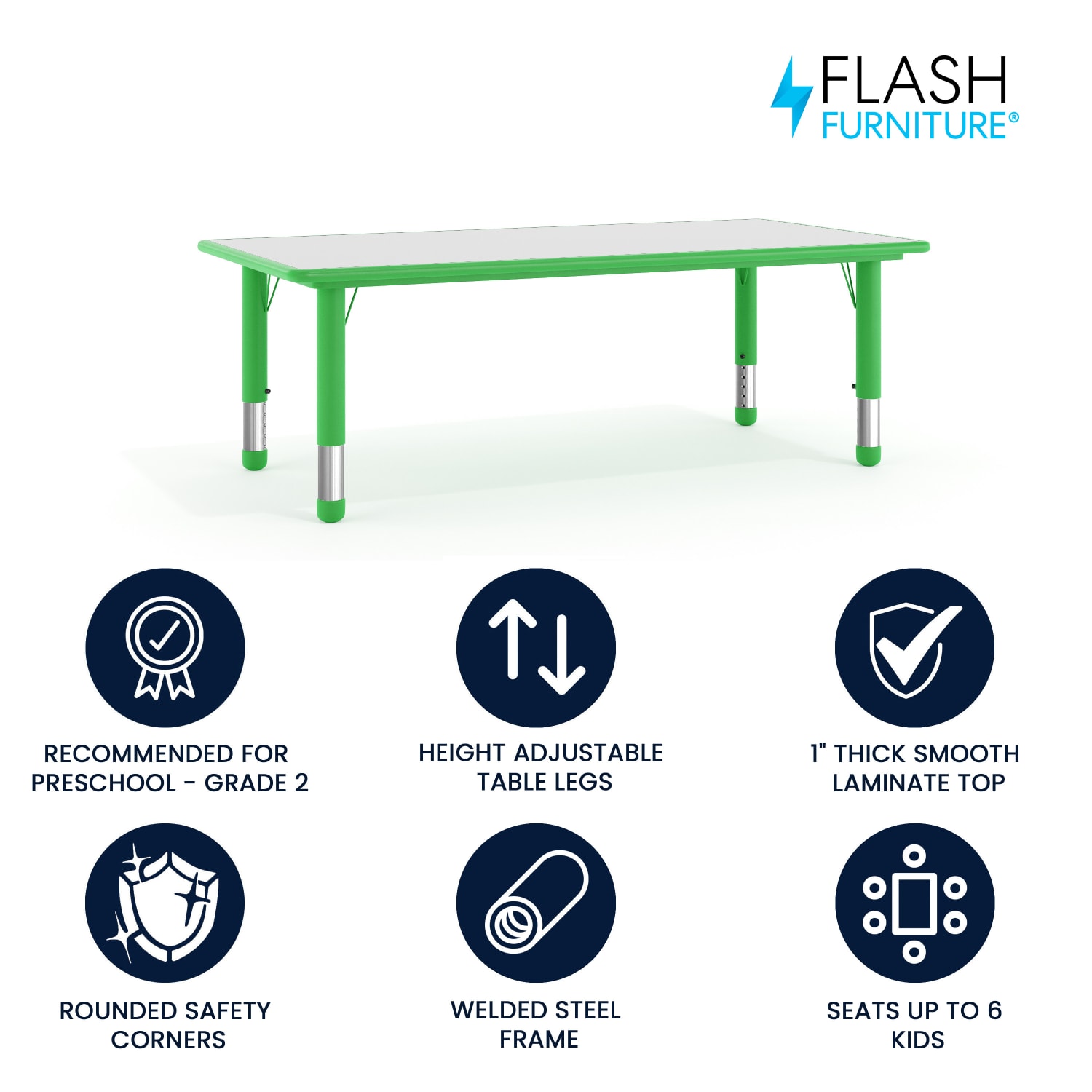 Flash Furniture Height-Adjustable Activity Table, 23-1/2inH x 23-5/8inW x 47-1/4inD, Gray/Green - Image 3