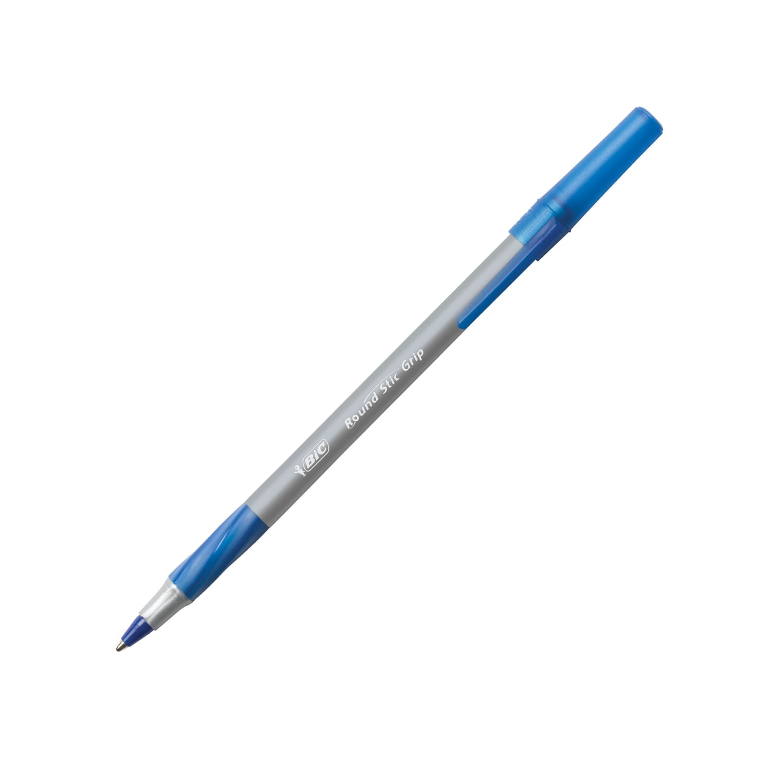 BIC Round Stic Grip Xtra-Comfort Ballpoint Pens, Fine Point, 0.8 mm, Gray Barrel, Blue Ink, Pack Of 12 - Image 3