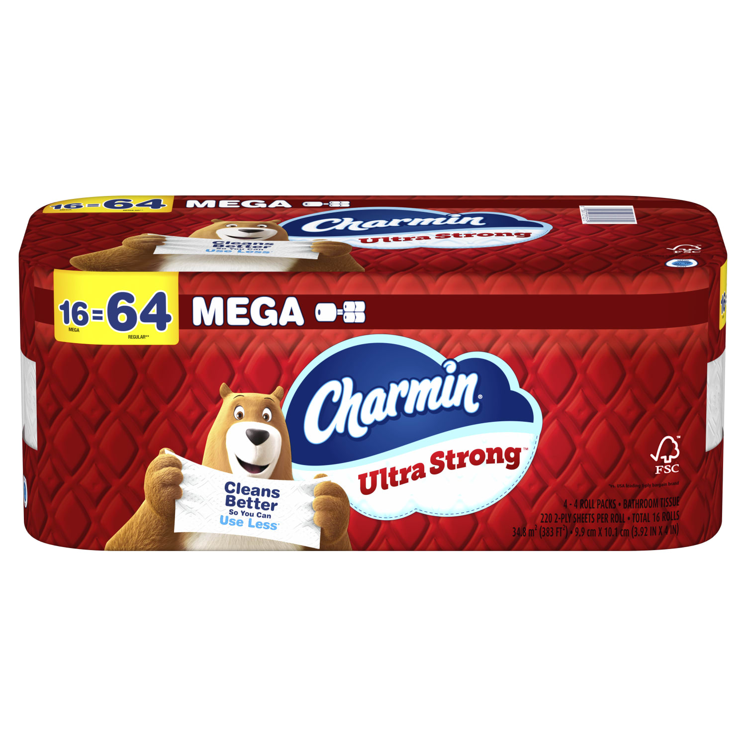 Charmin Ultra Strong Toilet Paper Mega Rolls, 4in x 3-15/16in, White, 220 Sheets Per Roll, Pack Of 16 Mega Rolls
