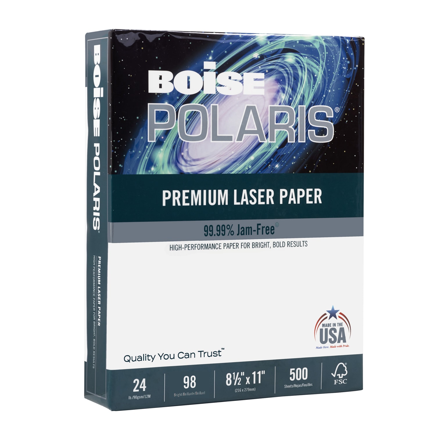 Boise POLARIS Premium Laser Paper, 1 Ream, White, Letter Size (8 1/2in x 11in), Ream Of 500 Sheets, 24 Lb, 98 Brightness