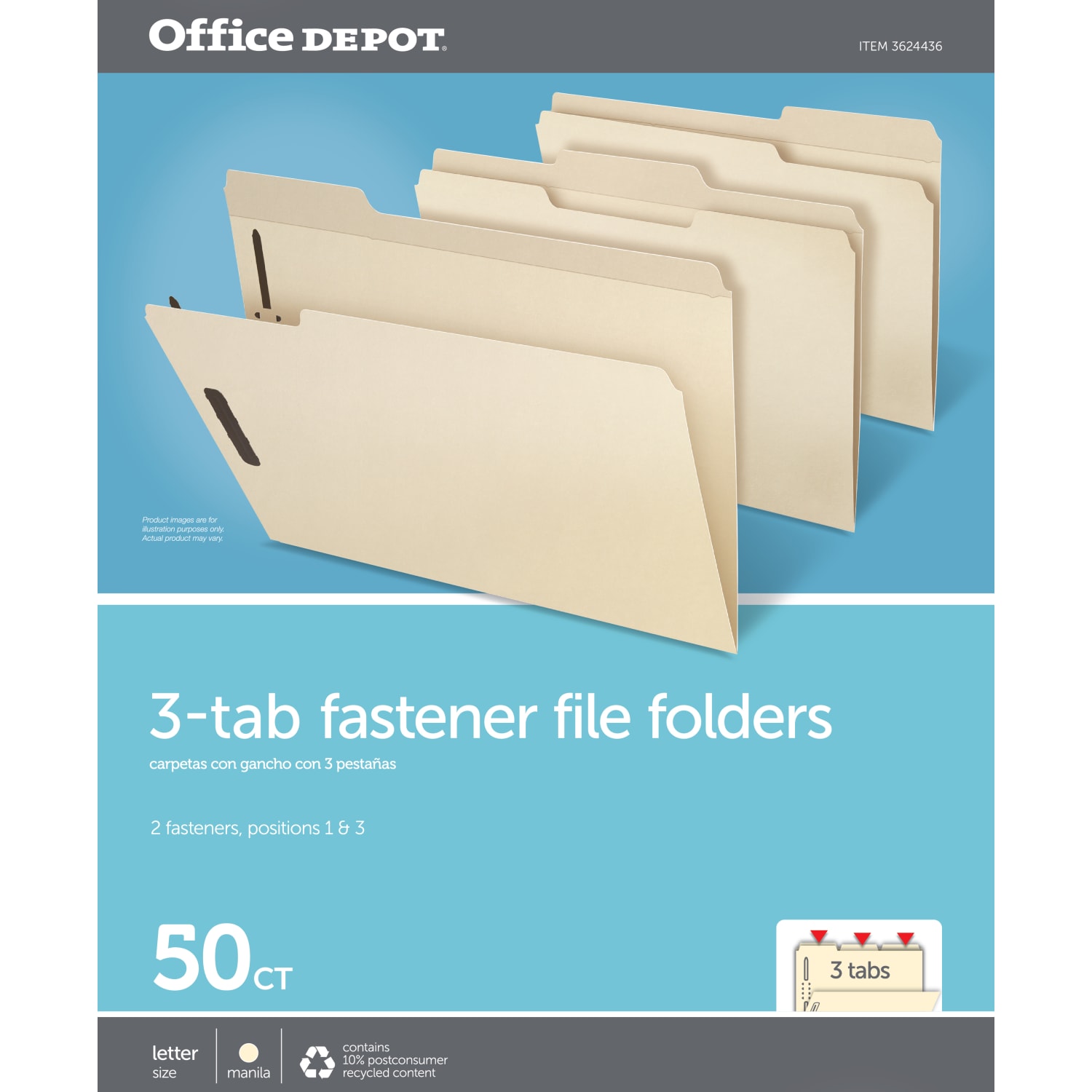 Office Depot Brand Reinforced Manila Folder With 2 Embossed Fasteners, 1/3-Cut Tabs, Letter Size, Box Of 50 - Image 3