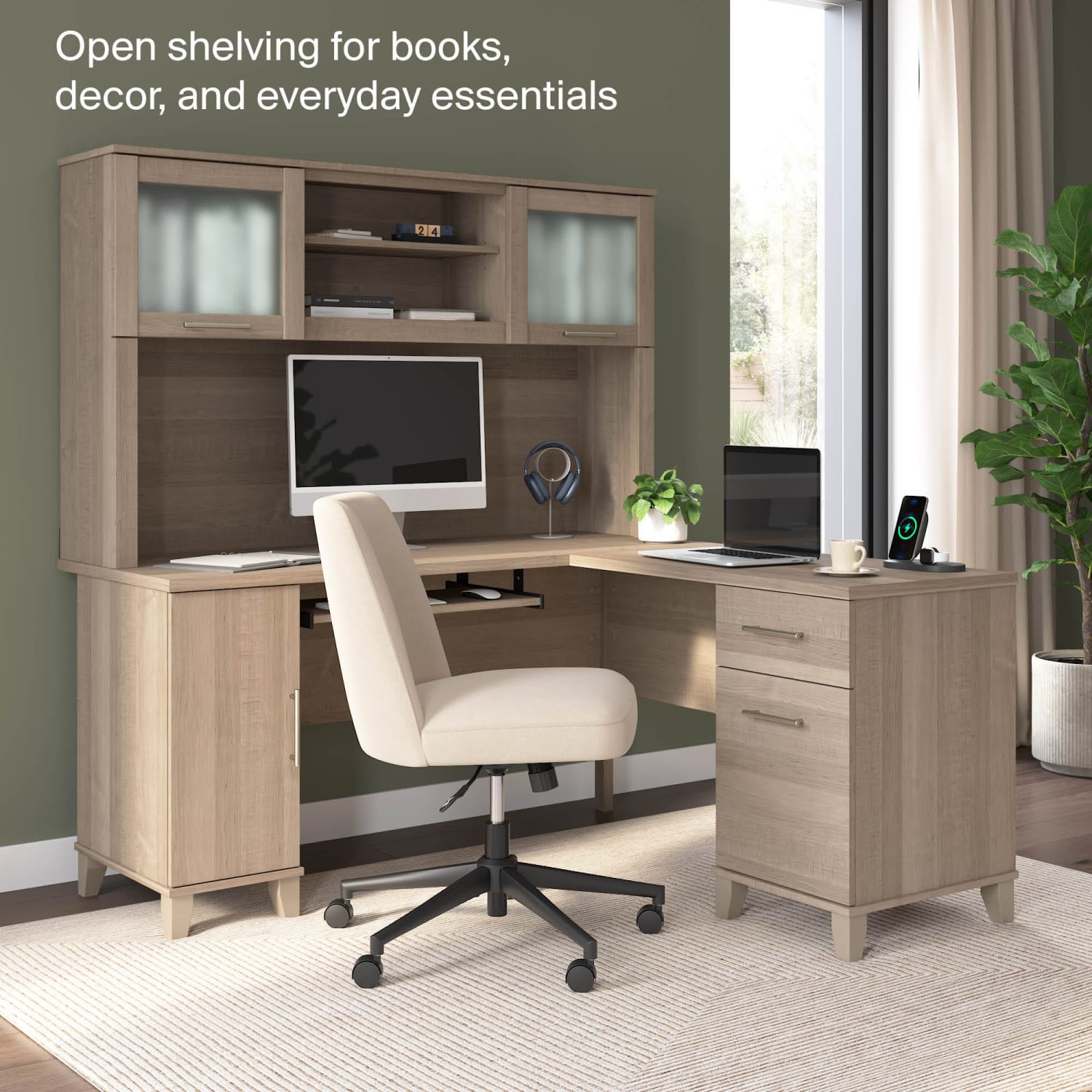 Bush Furniture Somerset 60inW L Shaped Desk Hutch, Ash Gray, Standard Delivery - Image 4