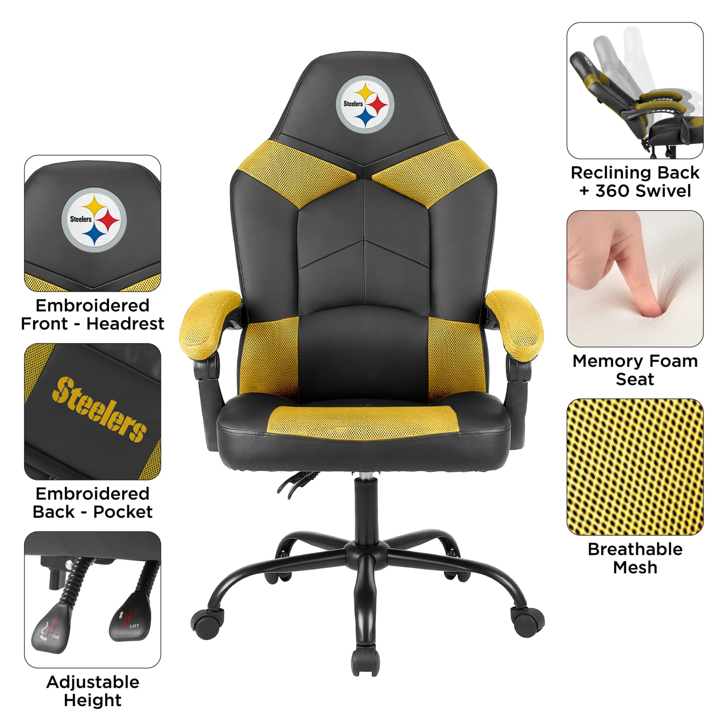 Imperial Adjustable Oversized Vinyl High-Back Office Task Chair, NFL Pittsburgh Steelers, Black/Yellow - Image 4