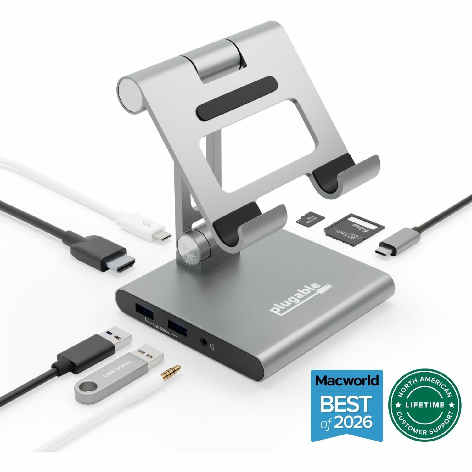 Plugable 8-in-1 USB C Docking Station for iPad with Stand, 100W Pass-through Charging USB-C Hub - 1x HDMI, 2x USB, Audio, and SD - UDS7IN1