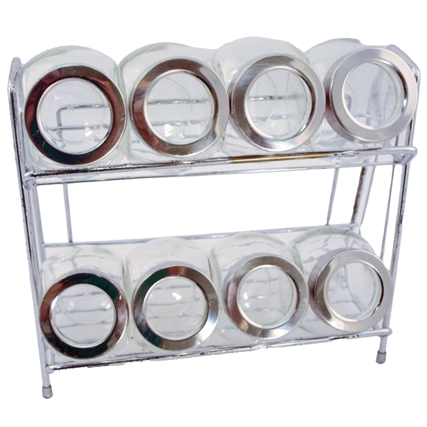 EuroHome 9-Piece Glass Spice Jar With Rack Set, 10-1/4inH x 9-1/2inW x 4-1/2inD, Clear/Chrome - Image 3