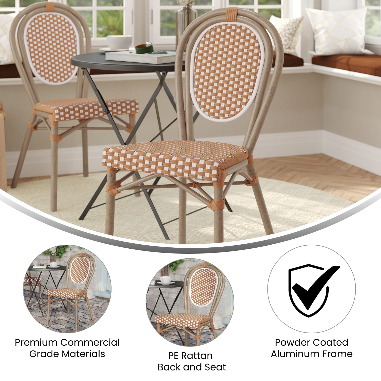 Flash Furniture Lourdes Indoor/Outdoor Commercial Thonet Bistro Stacking Chair, PE Rattan and Aluminum Frame, Natural & White/Light Natural Frame - Image 4