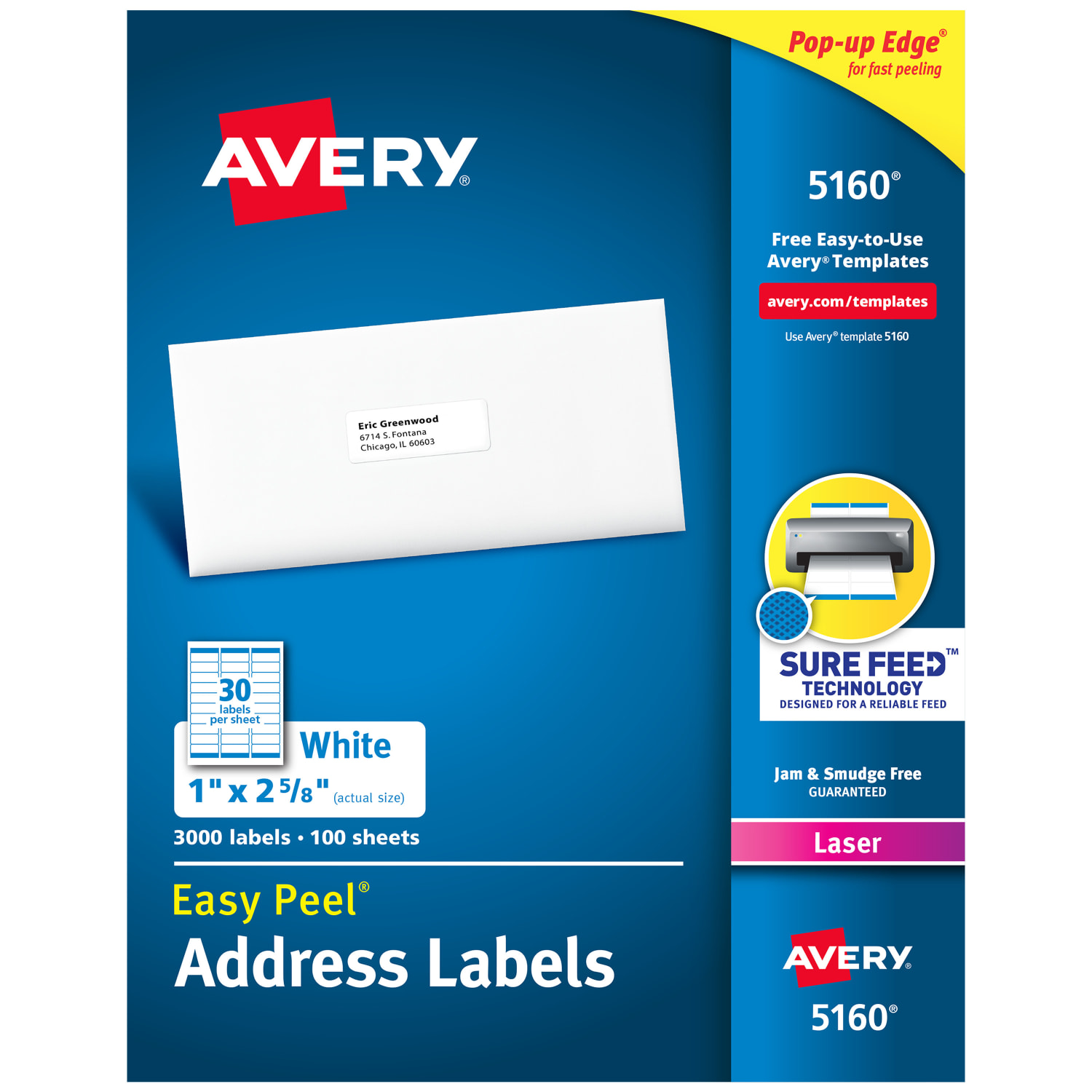 Avery Easy Peel Address Labels With Sure Feed Technology, 5160, Rectangle, 1in x 2-5/8in, Matte White, Box Of 3,000