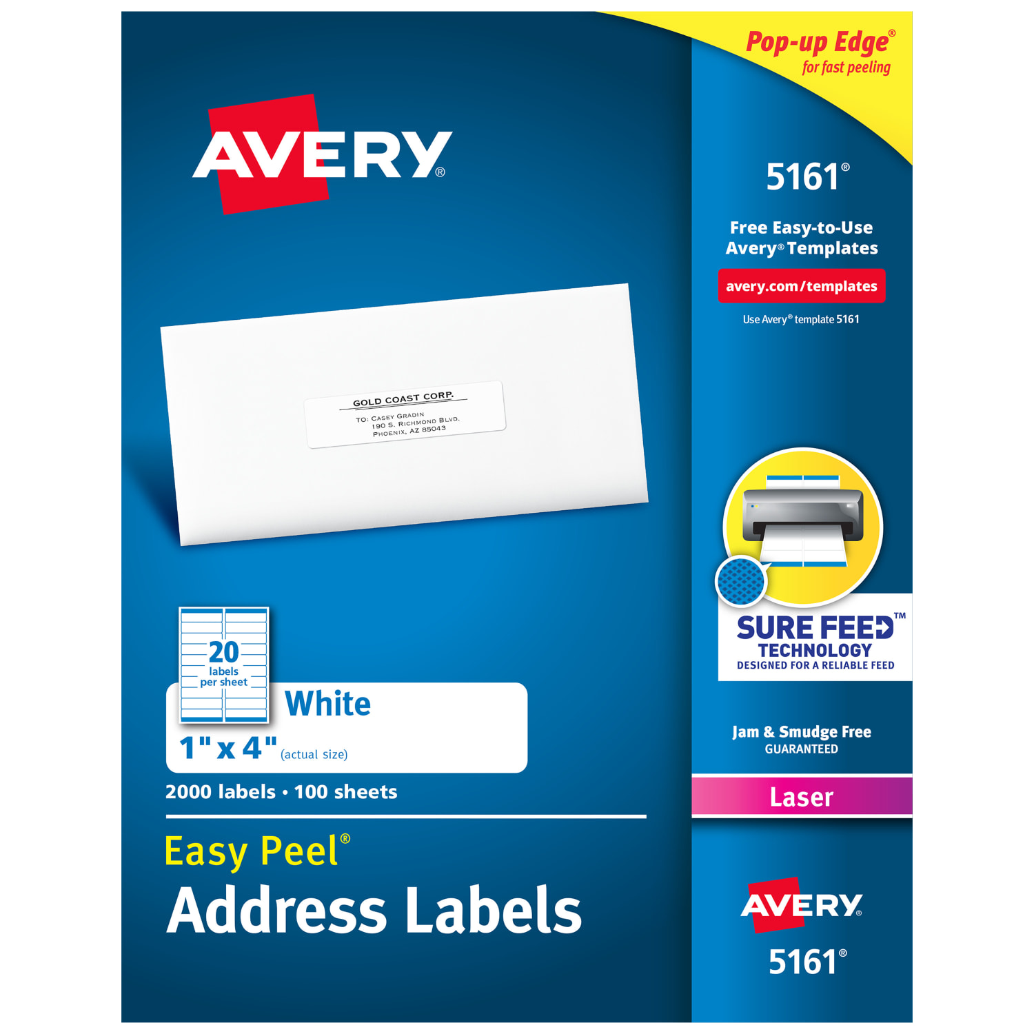 Avery Easy Peel Address Labels With Sure Feed Technology, 5161, Rectangle, 1in x 4in, Matte White, Box Of 2,000