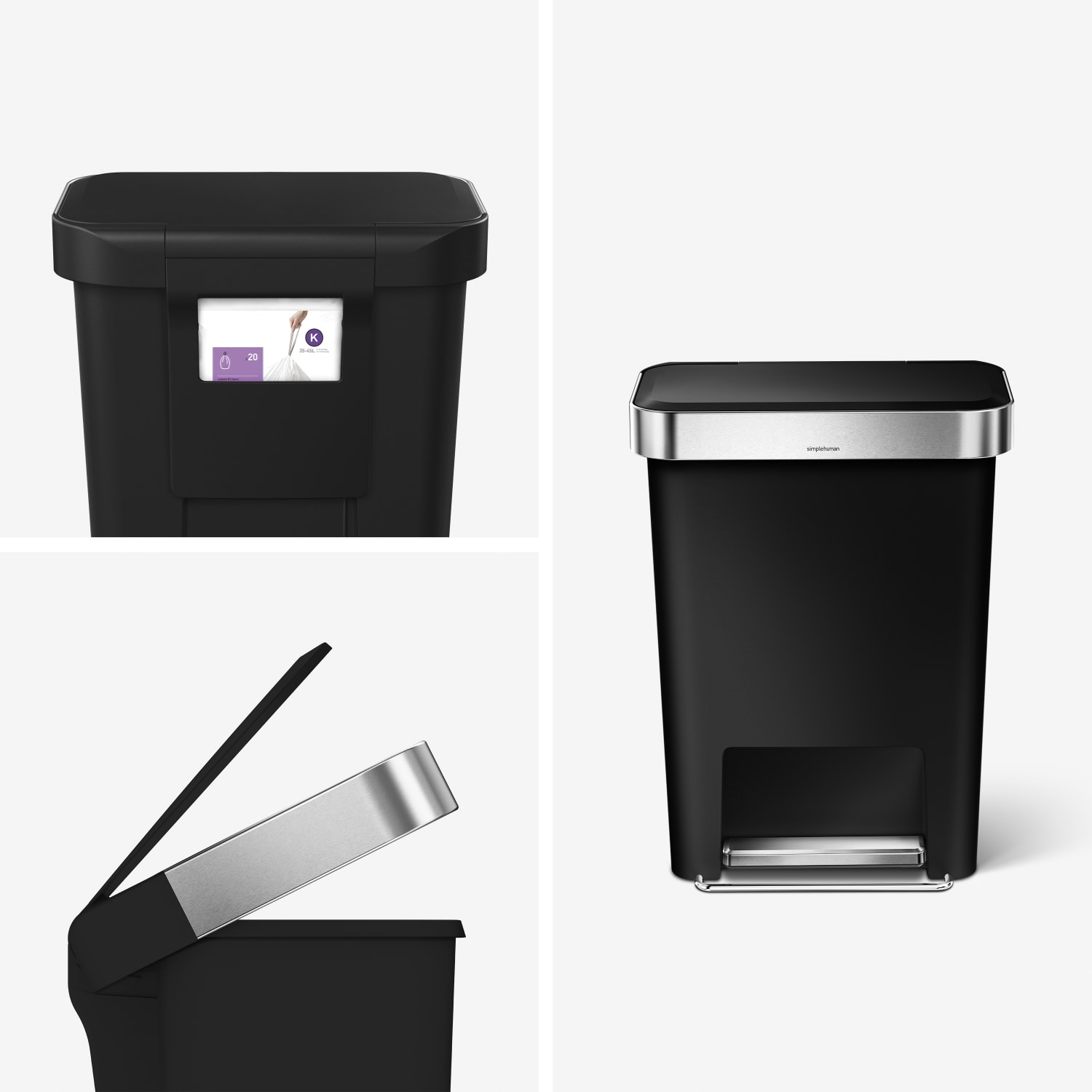 simplehuman Rectangular Step Can With Liner Pocket, 12 Gallons, Black Plastic - Image 3