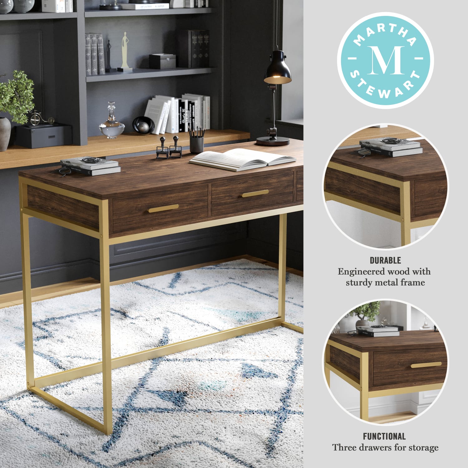 Martha Stewart Ollie 47-1/4inW Home Office Computer Desk With 3 Drawers, Walnut/Polished Brass - Image 4