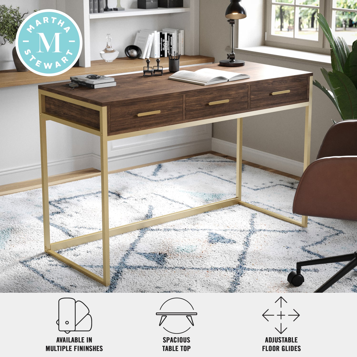 Martha Stewart Ollie 47-1/4inW Home Office Computer Desk With 3 Drawers, Walnut/Polished Brass - Image 5