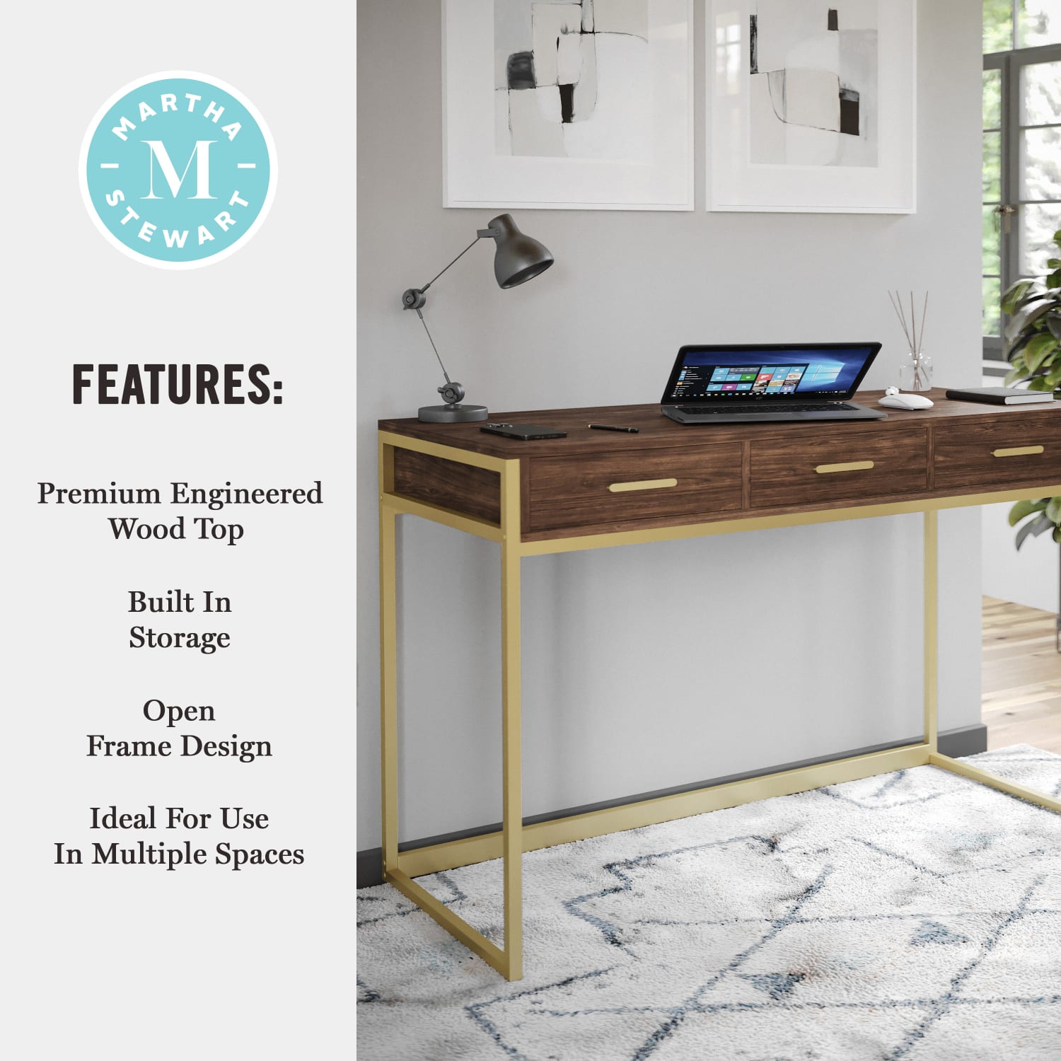 Martha Stewart Ollie 47-1/4inW Home Office Computer Desk With 3 Drawers, Walnut/Polished Brass - Image 6