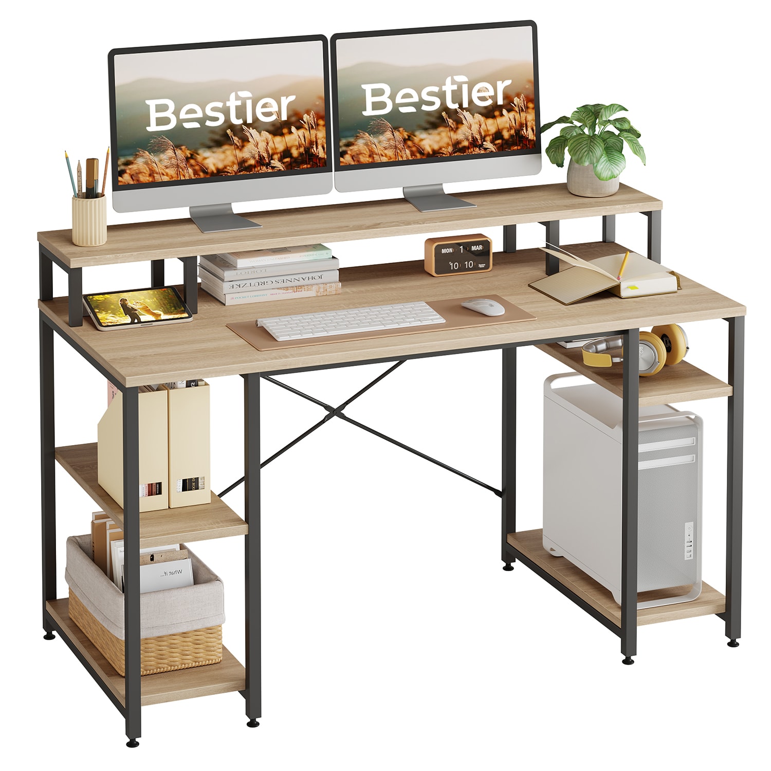 Bestier 56inW Student Desk With Monitor Stand & Storage Shelf, Light Oak