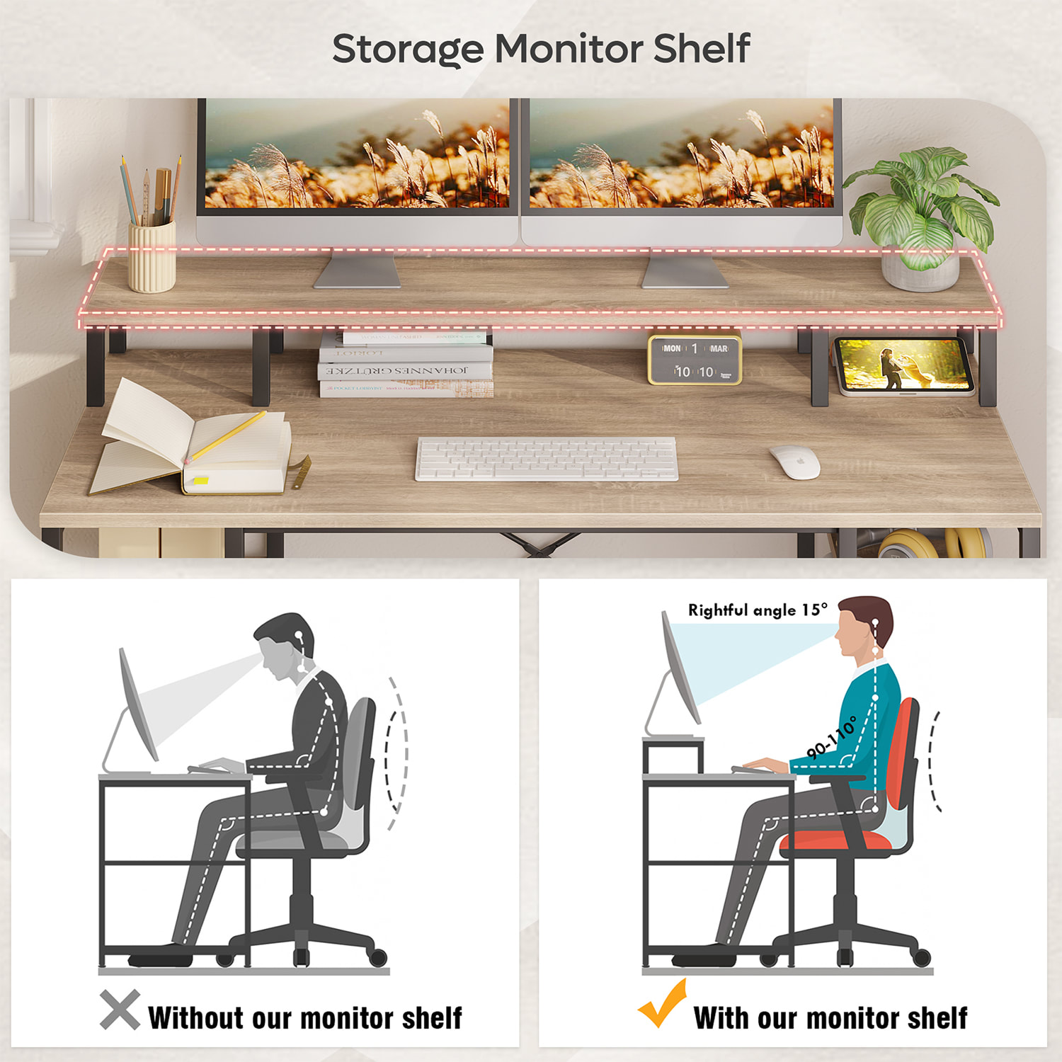 Bestier 56inW Student Desk With Monitor Stand & Storage Shelf, Light Oak - Image 3