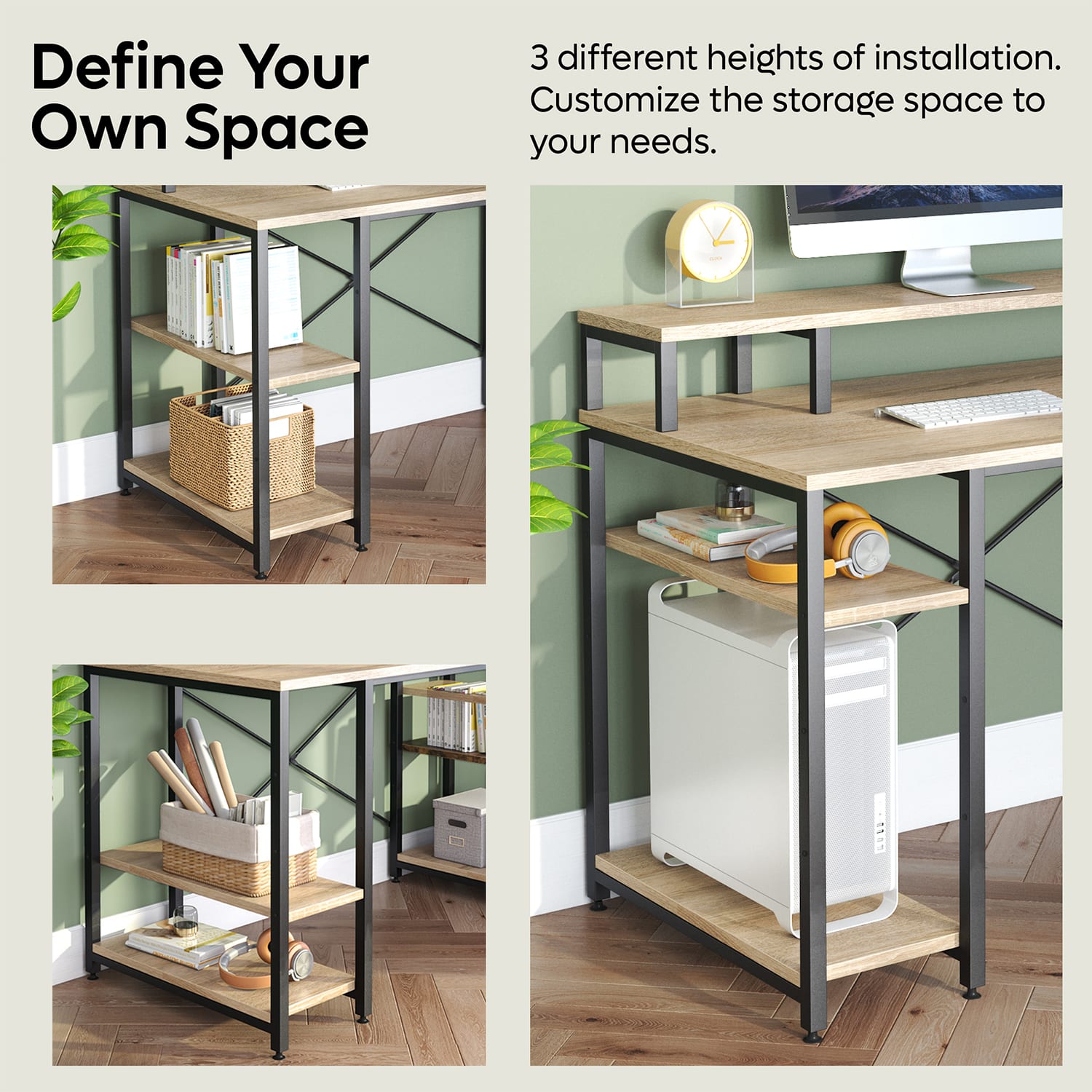 Bestier 56inW Student Desk With Monitor Stand & Storage Shelf, Light Oak - Image 4